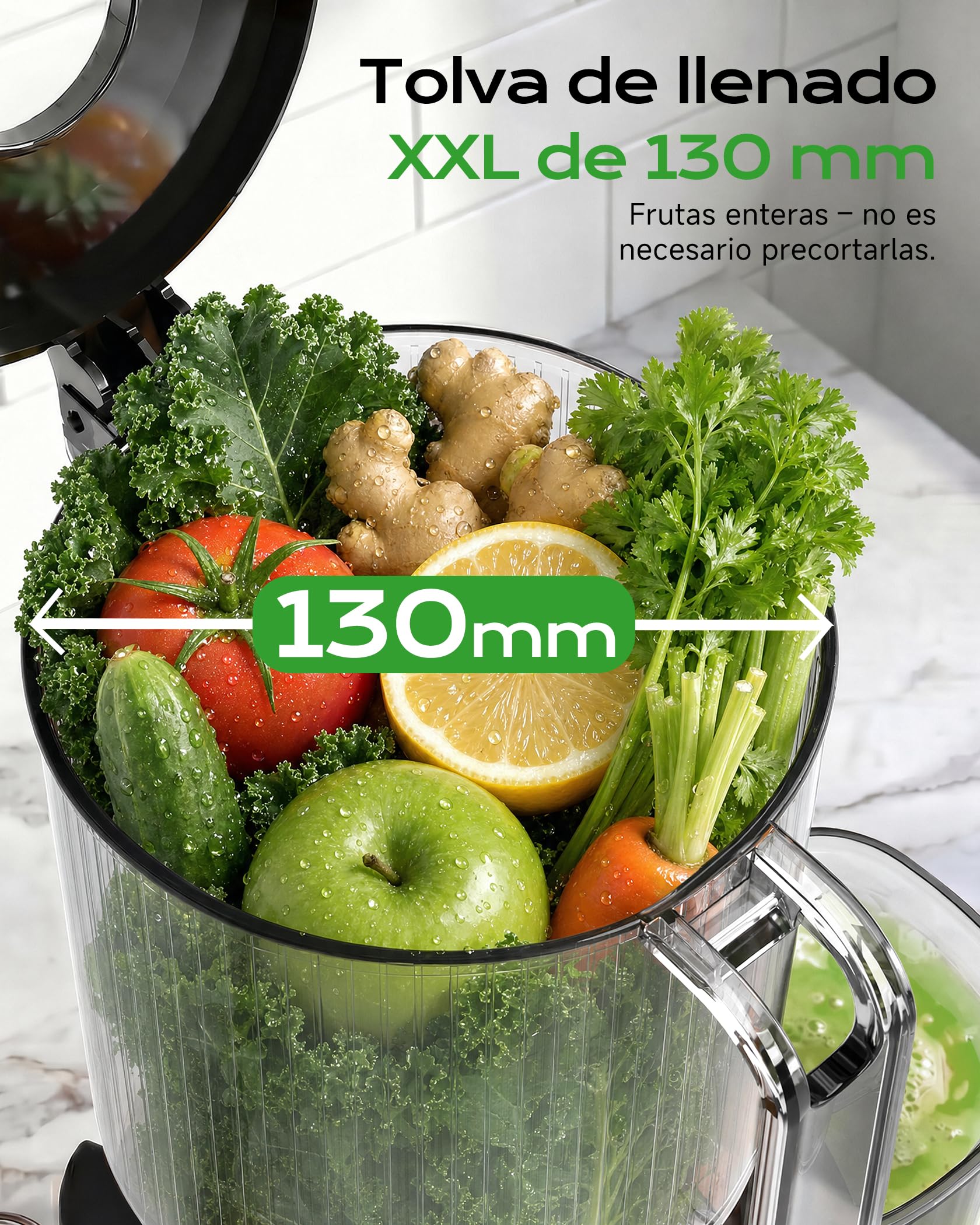 Exprimidor de frutas y verduras, 130mm XL | 1,8L Slow Juicer, 600 ml, sin BPA, fácil limpieza, para familias, color gris