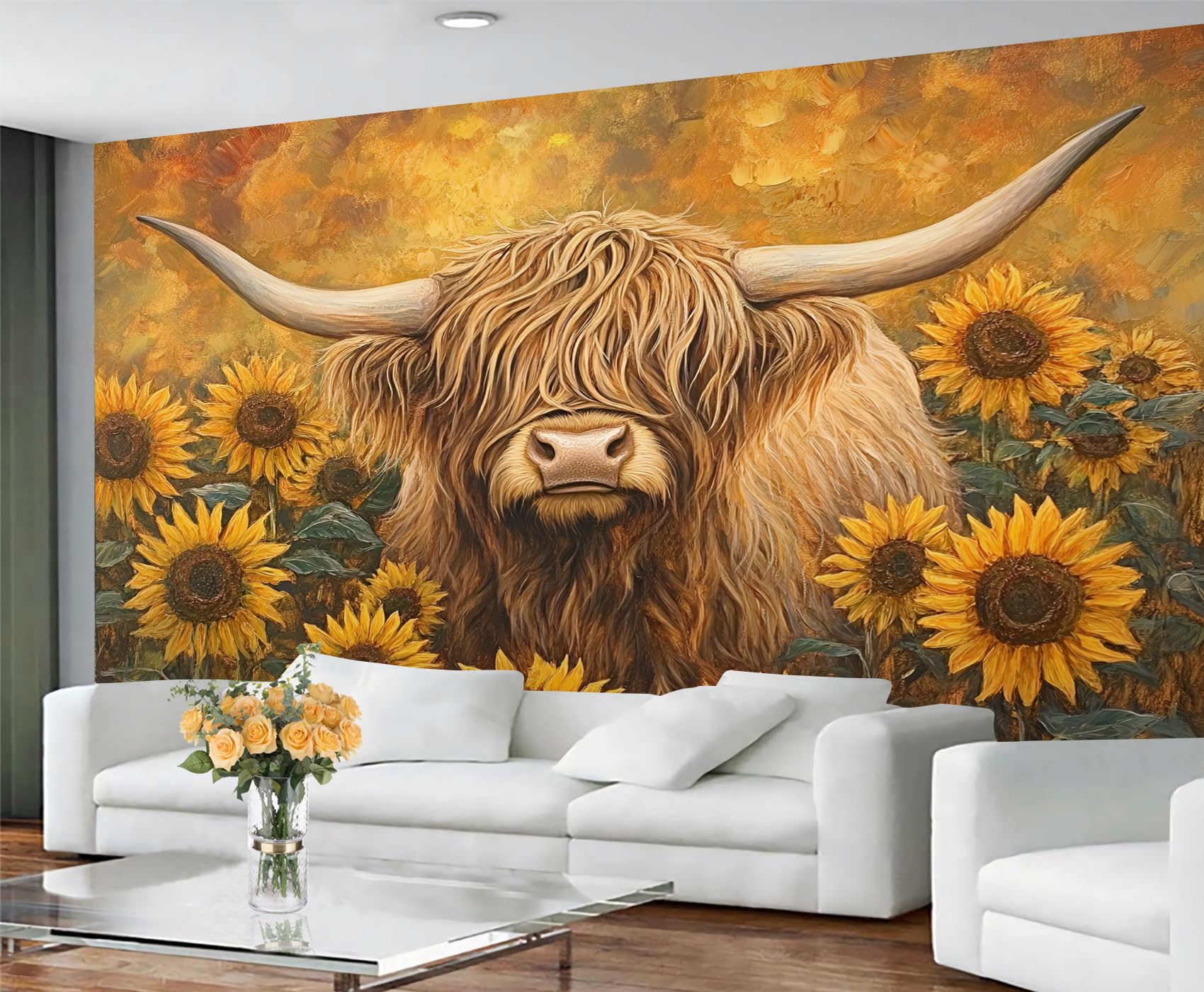 GIVLWF Wallpaper - Highland Cow Home Decor & Mural, Self Adhesive Wallpaper for Living Room, Rustic Sunflower Wall Mural, Farmhouse Rustic Bedroom Wall Paper, Peel and Stick โ image 1