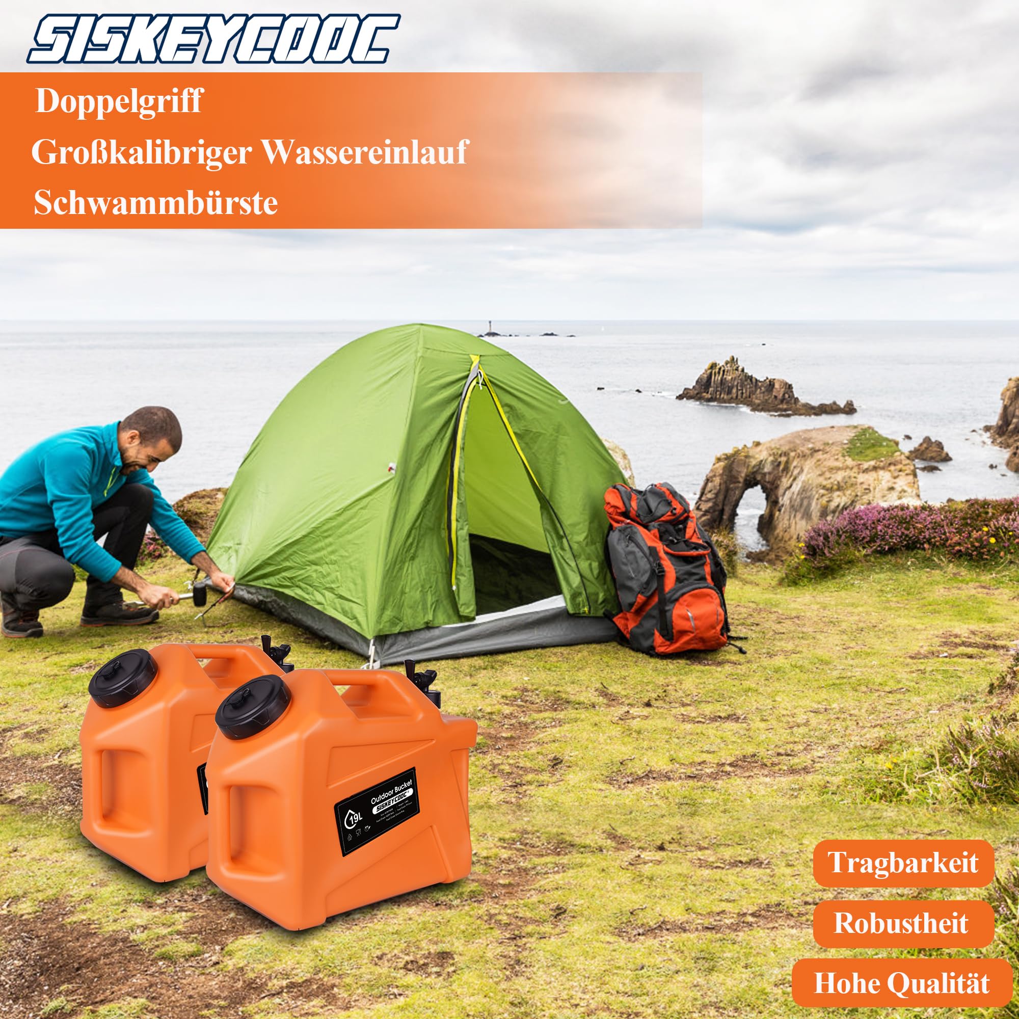 Bidon d'eau portable de 19 l avec robinet - Réservoir d'eau sans BPA - Orange - Multifonction - Pour camping, extérieur, transport d'urgence - Orange - 19 l