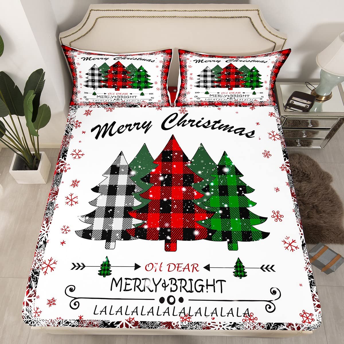 Manfei Xmas Tree Fitted Sheet Double Size, Merry Christmas Bed Cover with 2 Pillowcases, New Year Theme Plaid Print Bedding Set 3pcs for Kids Boys Girls Bedroom Decor