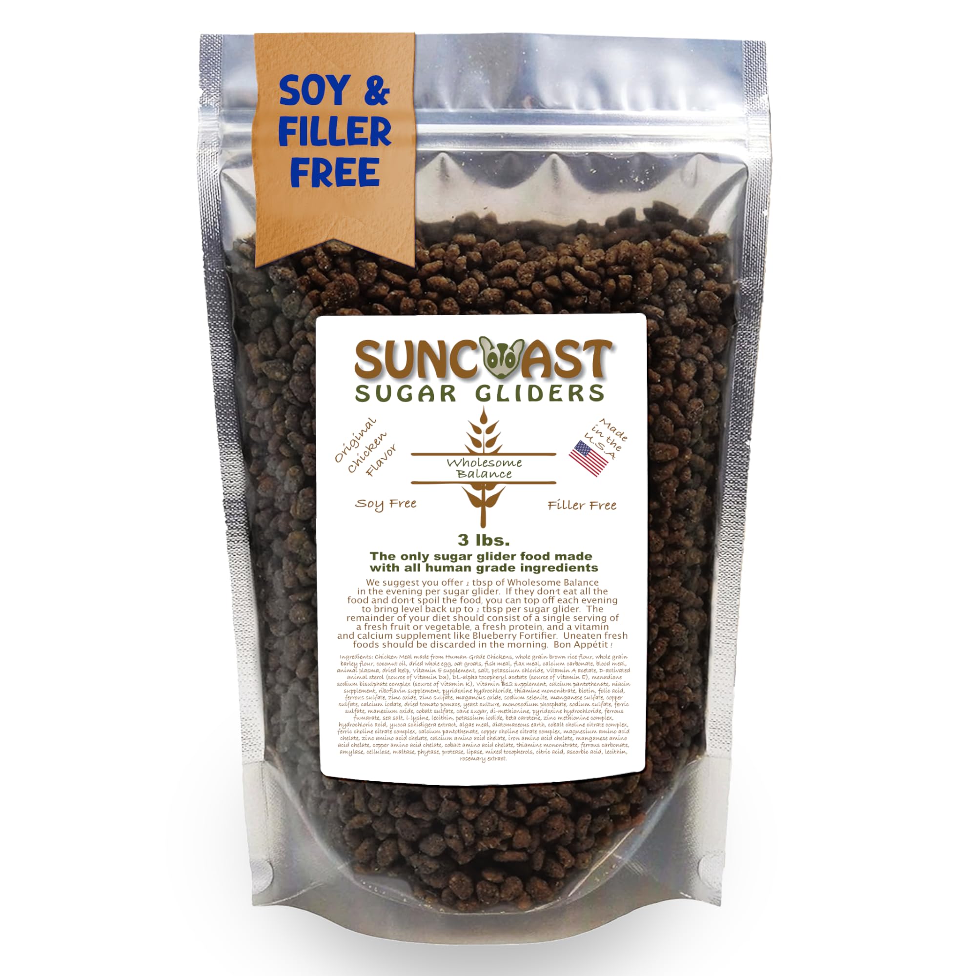 Wholesome Balance Sugar Glider Food - Chicken & Rice | 3 lbs of Premium Dense Food for Sugar Gliders and Small Animals - 4 Months Supply