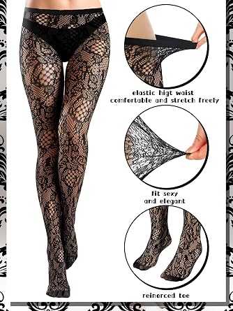 Fourluoo 6 Pairs Fishnet Tights for Women Patterned High Waist Stockings Floral Heart Lace Design Leggings Black Pantyhose