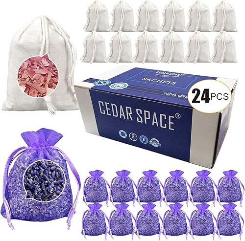 Cedar Space Juego de 24 bolsitas de fragancia para el hogar, 12 bolsitas de lavanda, 12 piezas, accesorios de cedro rojo 100% aromático para