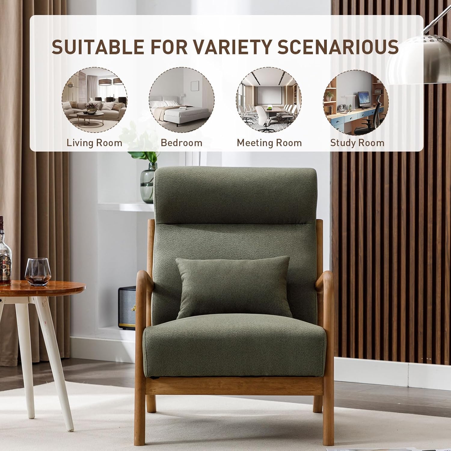 Image showing the ANJ Accent Chair in various room settings: living room, bedroom, meeting room, study room