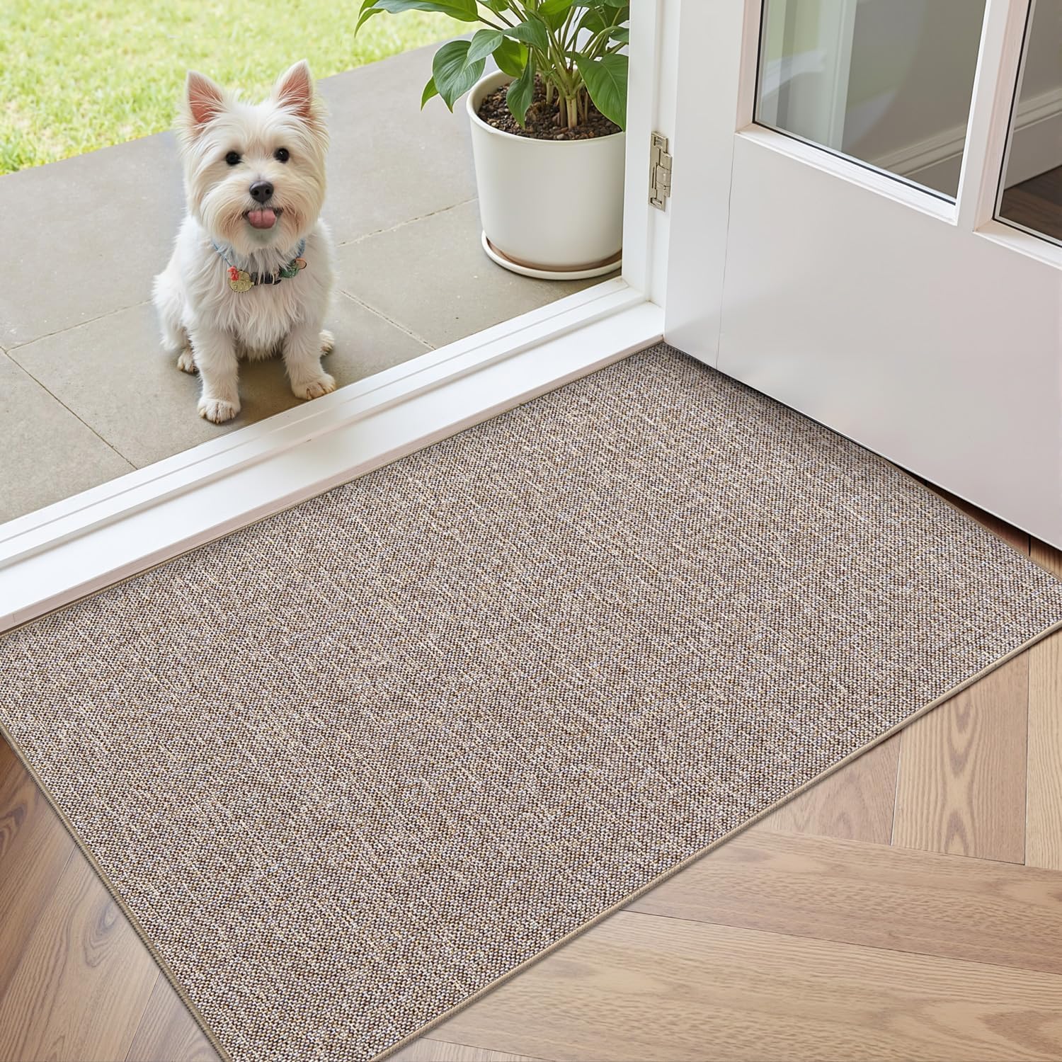 Color&Geometry Ultra Thin Indoor Door Mat (Rolled-up NO Creases) 32\"x342\", Non Slip Rubber Backed Dirt Trapper Door Mat Indoor Entrance, Low Profile Entryway Mat, Easy Clean Entry Mat, Khaki