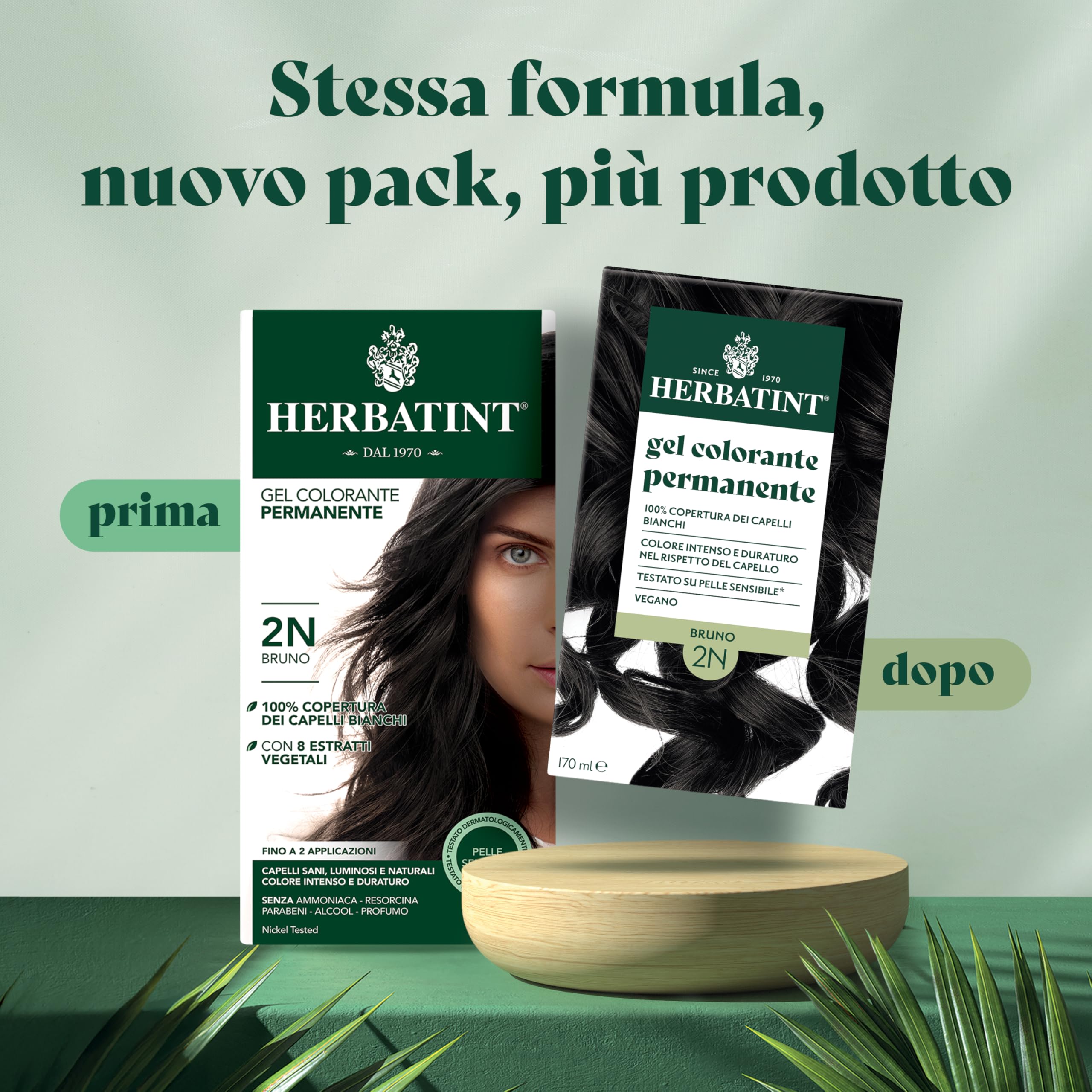 Herbatint Trwały żel do farbowania włosów 2N brązowy - 170 ml | bez amoniaku, 100% białe włosy | dla wrażliwej skóry, z 8 naturalnymi ekstraktami organicznymi