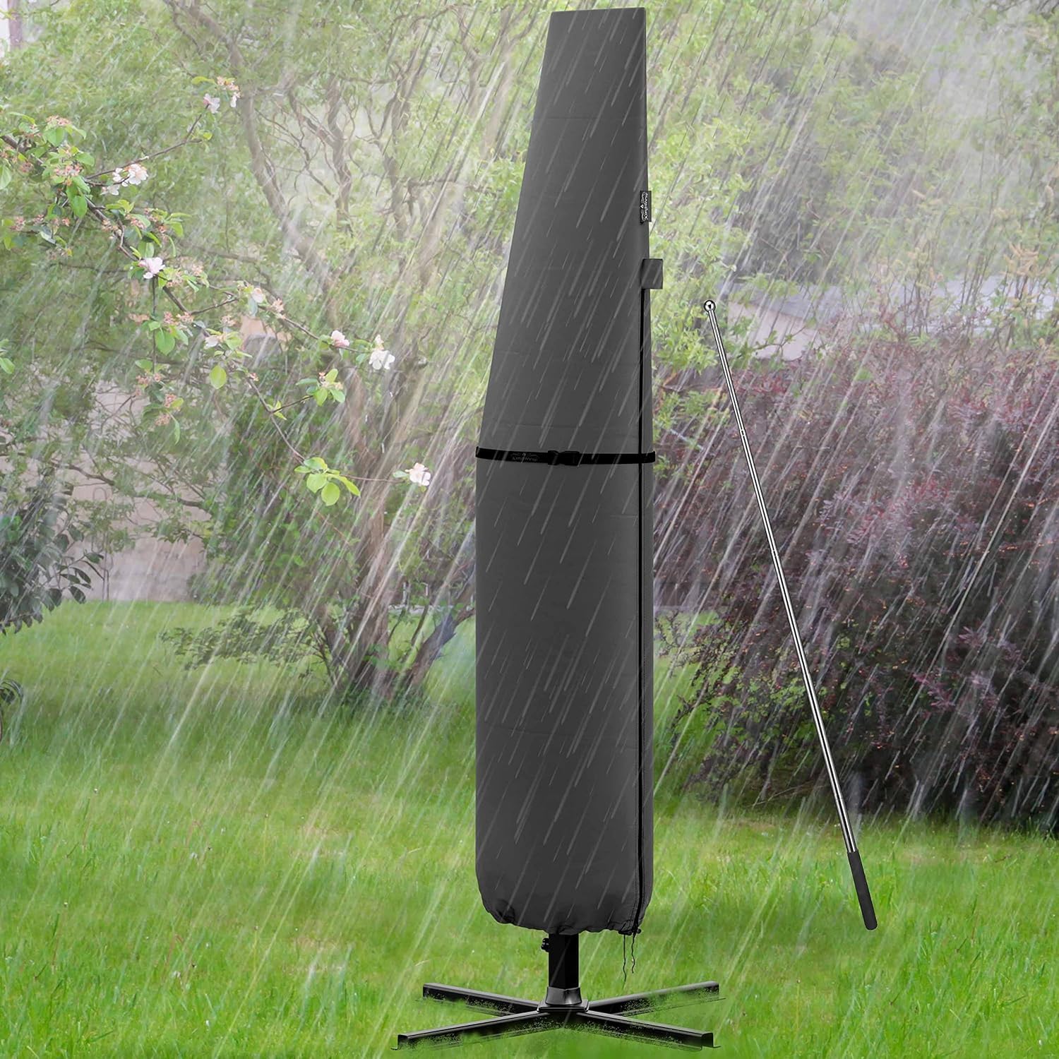 KINGSLEEVE® Sonnenschirm Schutzhülle mit Stab bis Ø 350 cm Winterfest Groß Ampelschirm Gartenschirm Abdeckung Abdeckhaube Hülle Plane Schirmhülle Grau