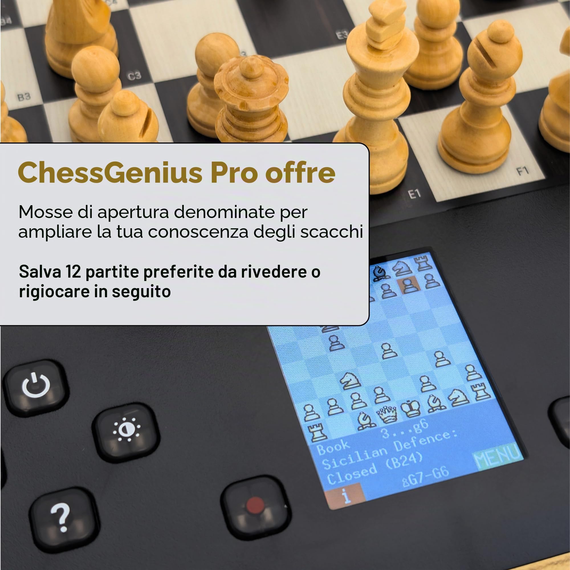 Computer per scacchi MILLENNIUM ChessGenius Pro Wood Edition - Elegante look in legno con pezzi in vero legno, facile da usare, ideale per i giocatori per hobby con funzioni di apprendimento AI