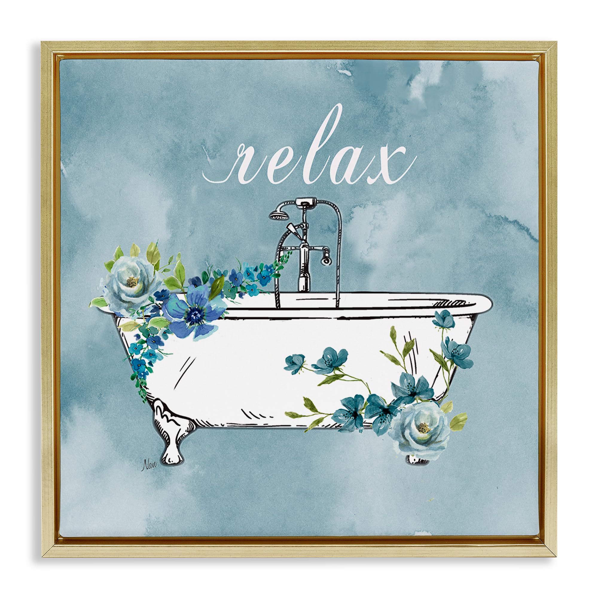 Stupell Industries Metallic Gold (Matte) 'Floral Bathroom Rules Relax'| Floating Frame Canvas Art