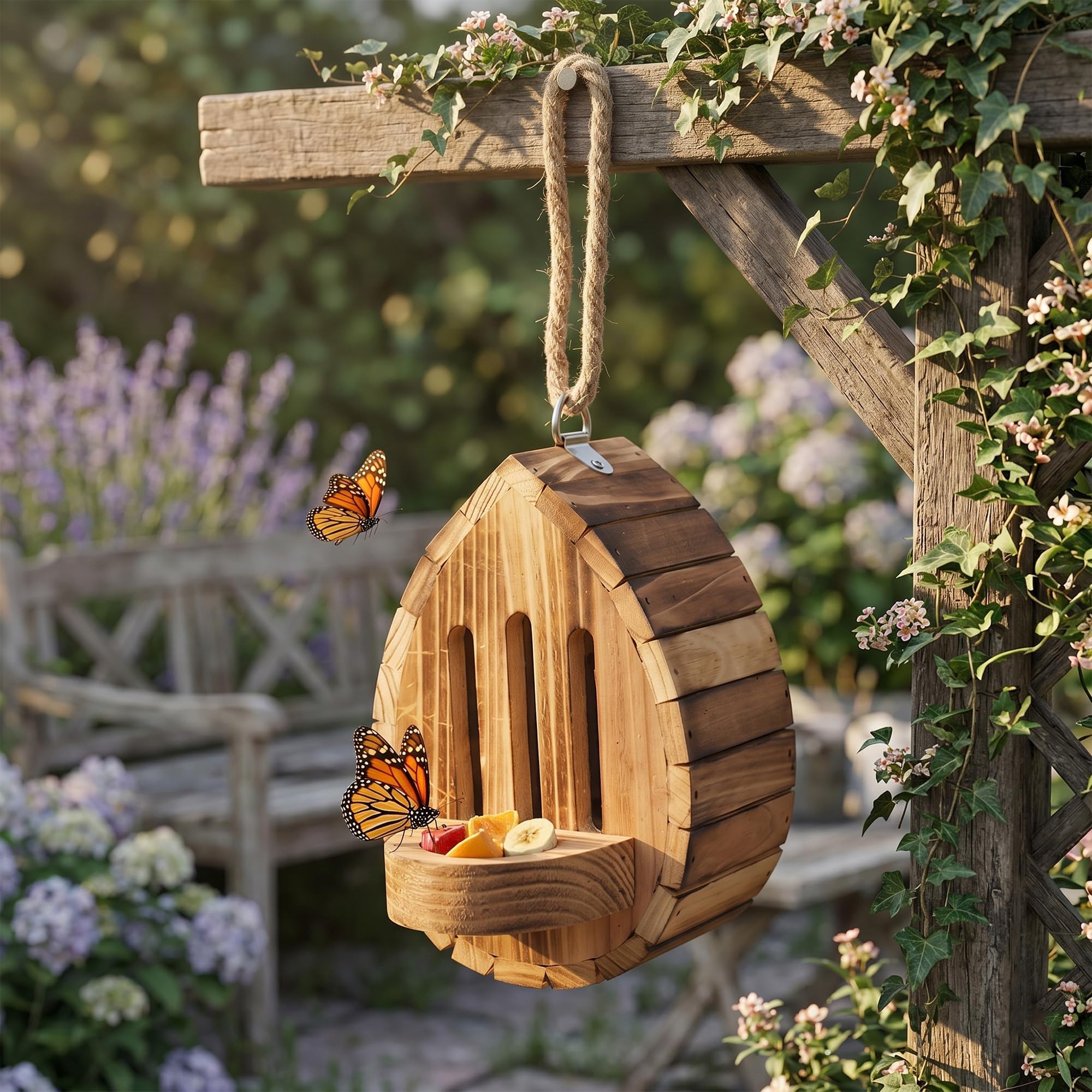 Elegant garden butterfly house, teardrop-shaped wooden butterfly habitat and feeder, outdoor butterfly sanctuary with rope, natural insect pollinator house decoration (1)