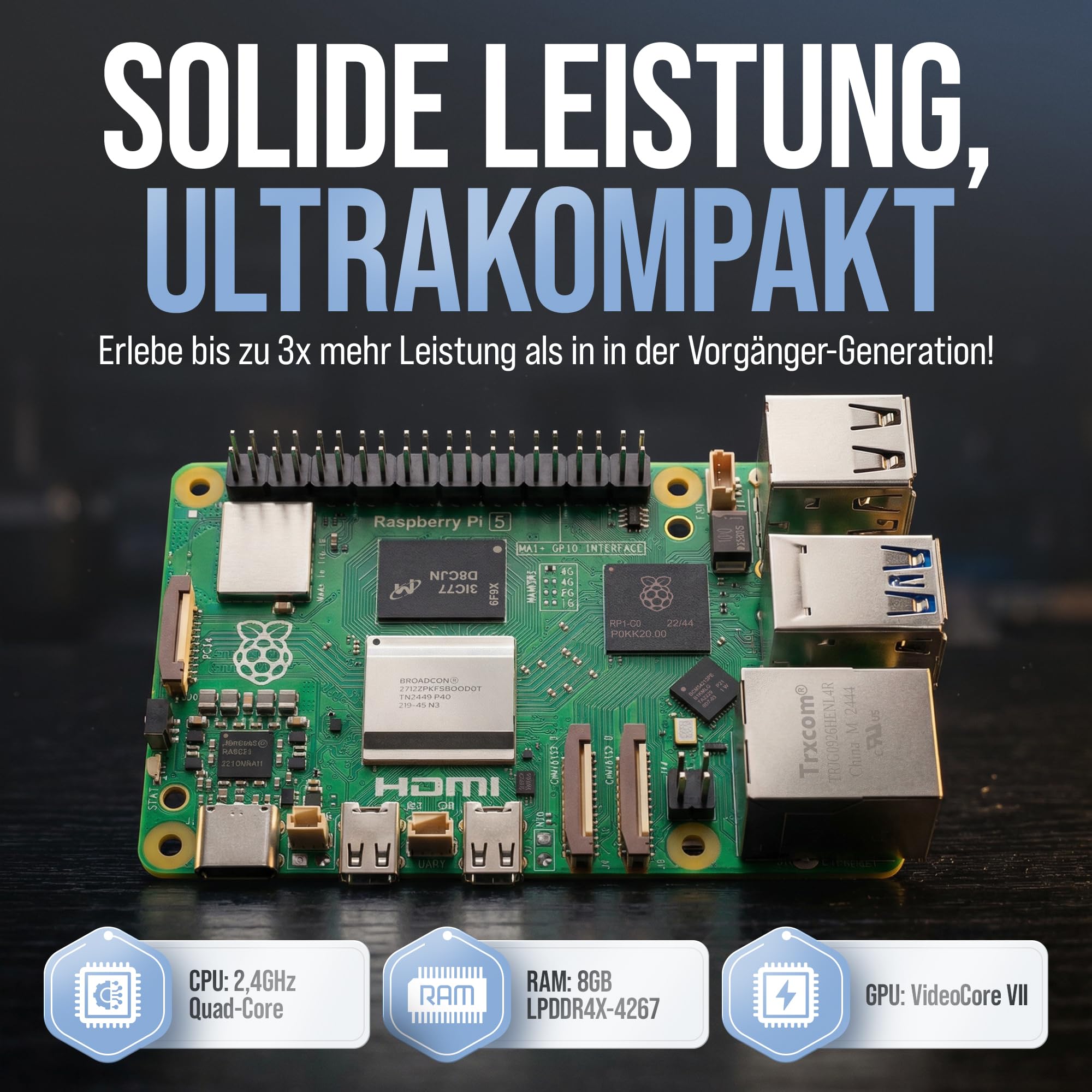 Raspberry Pi 5 8GB Starter Set 64GB Black Edition 27W Netzteil Gehäuse mit Lüfter 4K Micro HDMI Kabel