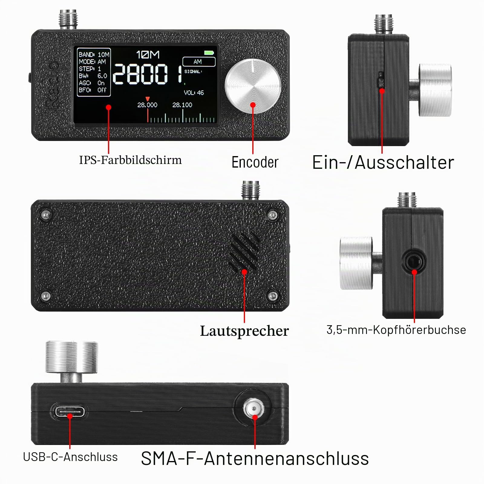 Raddy Mini-Radio Allband DSP Radio mit Si4732 Chip, FM/SW/MW/VHF/CB Empfänger mit LSB/USB Modi, Kopfhörerverstärker, Taschenformat mit 1,9" Farbdisplay, Teleskop- & Donut-Antenne, Firmware-Upgrade