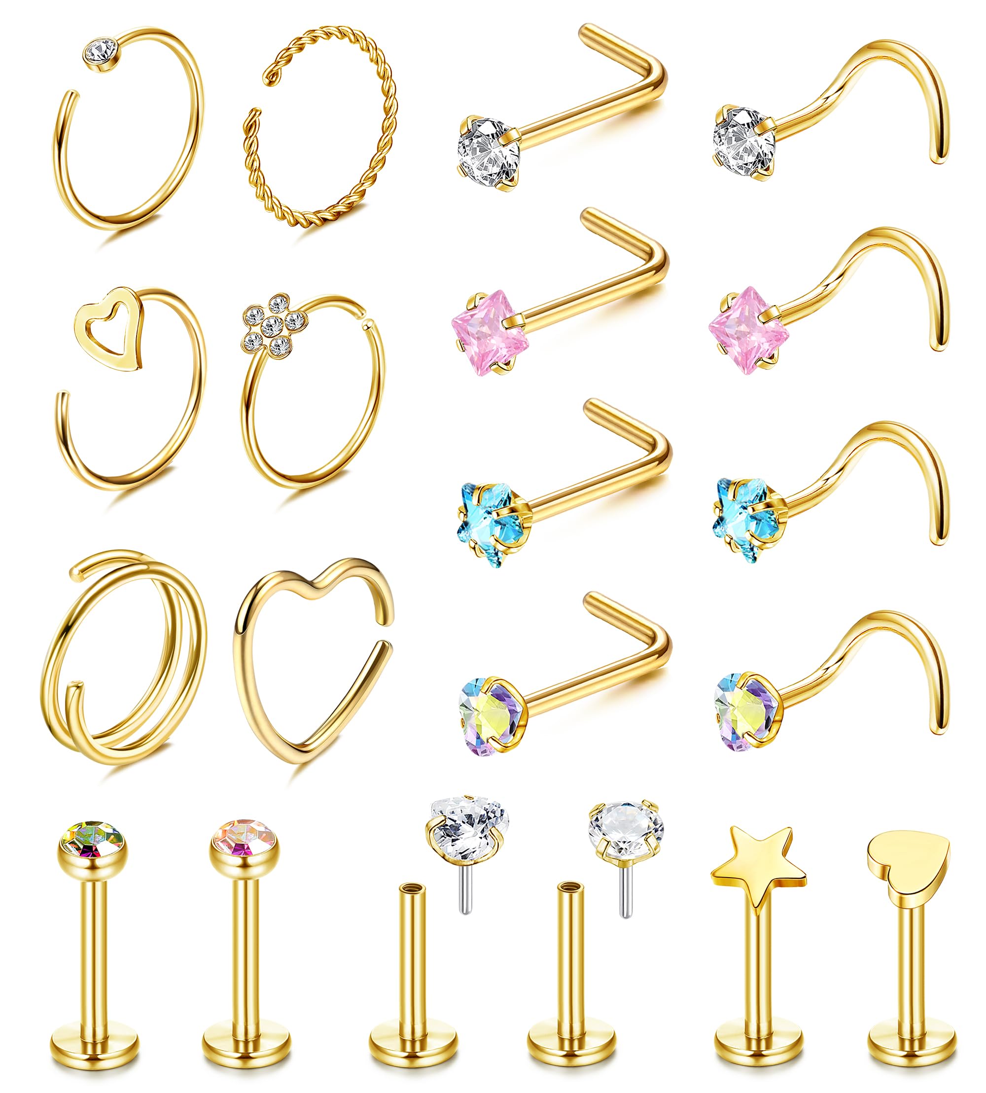 Adramata 20 Piezas 20G Anillos Nariz de Acero Inoxidable, 2MM Multicolor CZ Nostril Piercing, Labret Tragus Piercing Helix Conch Cartílago Piercing Joyas