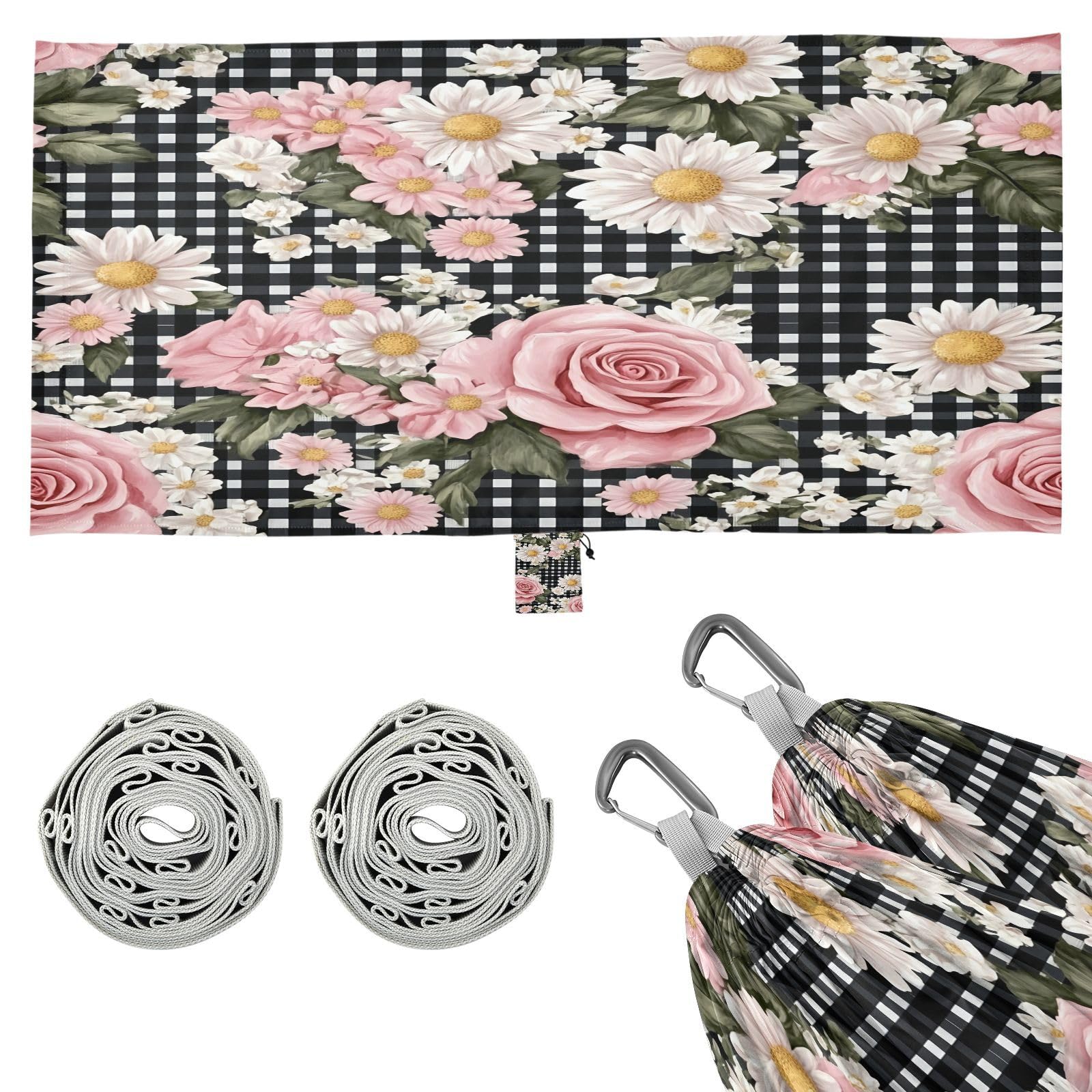 ATTX Pink Roses Daisies Camping Hammock - Lightweight & Portable Hammocks, Heavy Duty 330lbs Capacity for Indoor, Hiking, Backpacking, Travel, Backyard, Beach#581