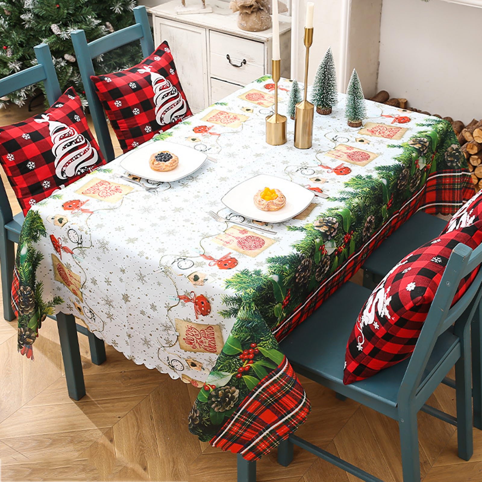 Mantel Rectangular De Navidad Con Diseño De Flores Navideñas Para Mesa De Navidad Con Estampado A Cuadros De Navidad, De Poliéster Mantel Para Invierno, Vacaciones, Navidad, Hogar, Fiesta, Decoración