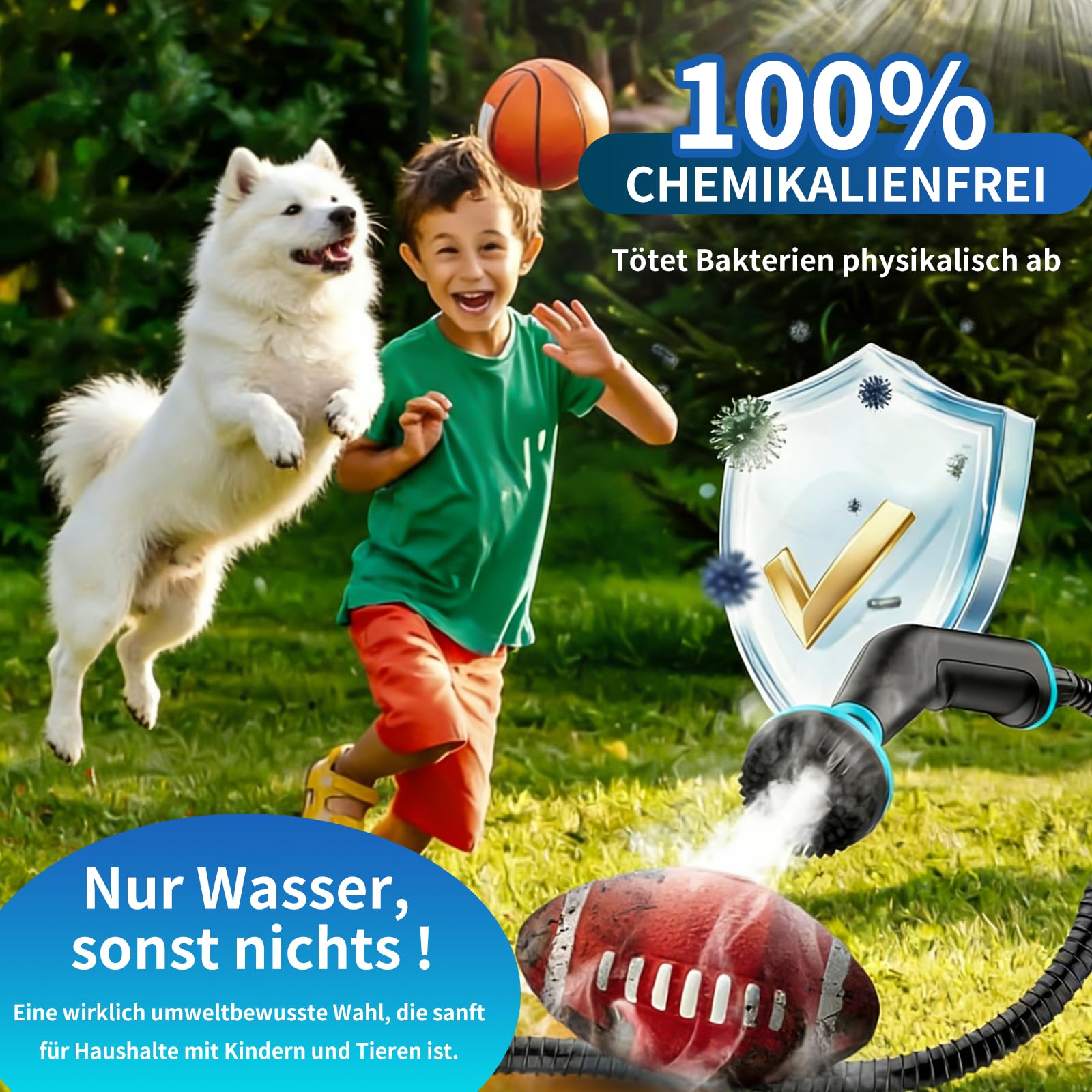 Dampfreiniger Handgerät, 2500W Handdampfreiniger, 8 Düsen, 6 Dampfstufen, 1250 ML Tank, 105℃ Hochtemperatur, 4 BAR Hochdruck, 15S Heizzeit, Tragbarer Dampfreiniger für Auto Küche Bad Polster