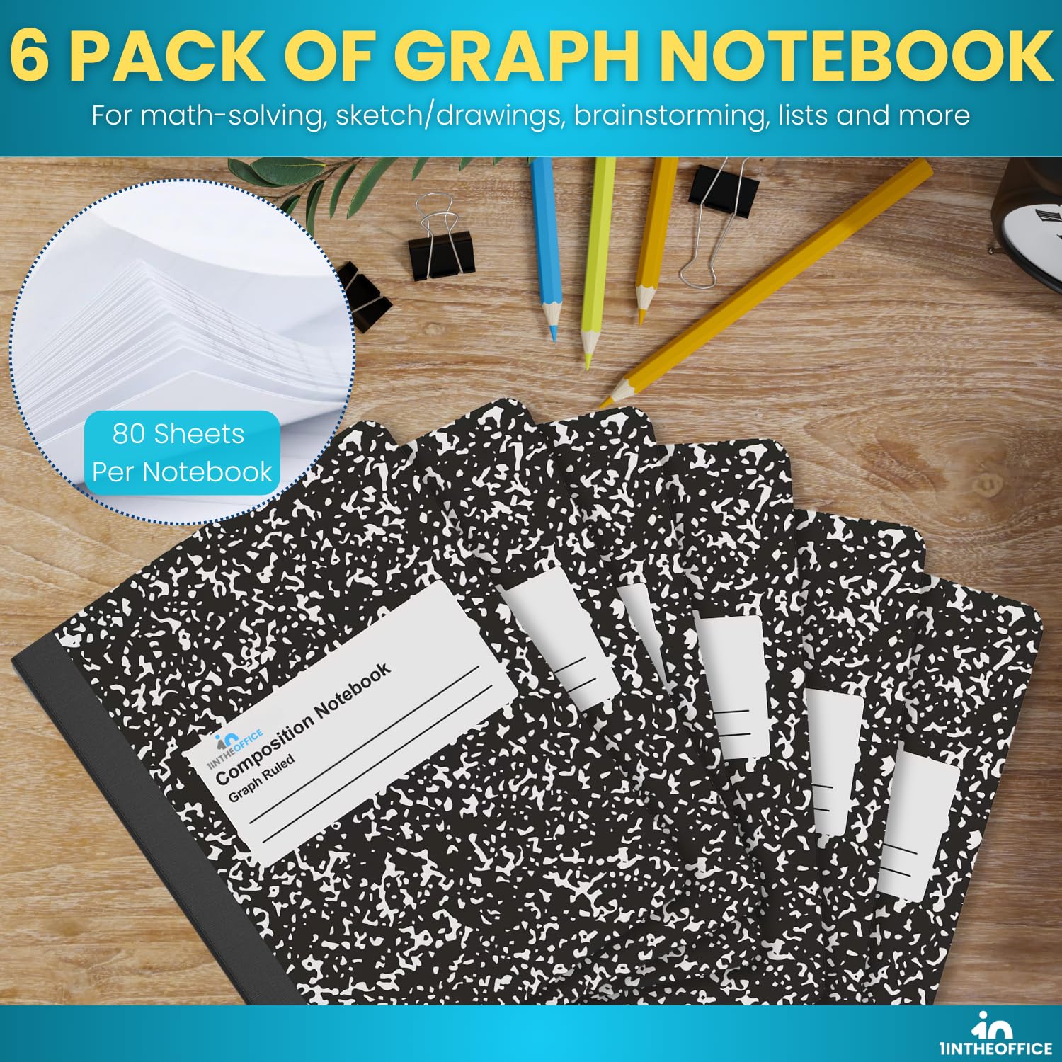 1InTheOffice Lot de 6 cahiers de composition graphique - 24,8 x 19,1 cm - Noirs