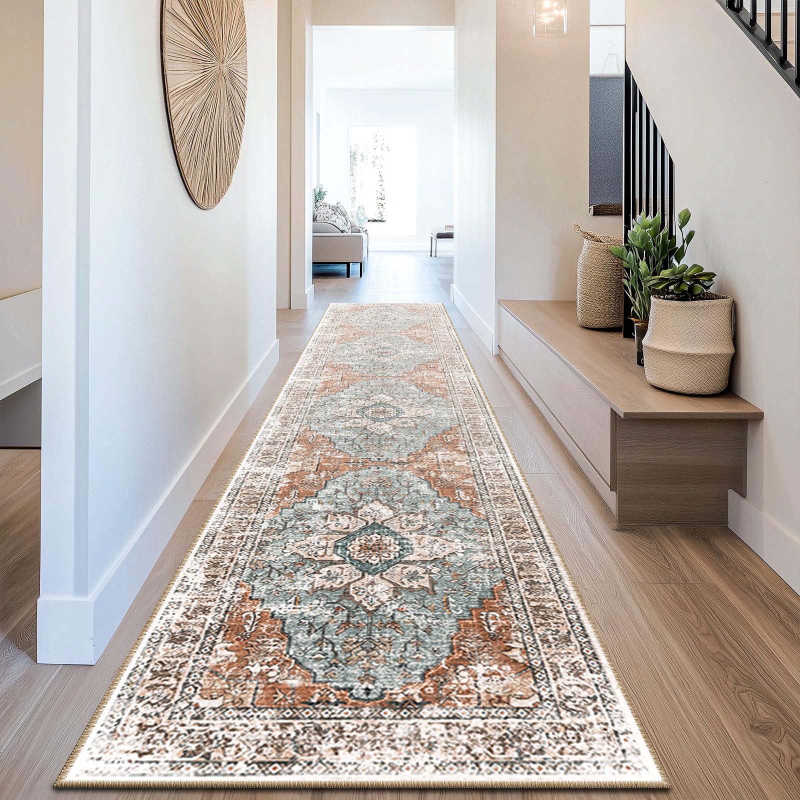 BESTSWEETIE 2x10 Area Rug Washable Rugs for Living Room, No Pile Boho Carpet for Entryway Bedroom Dinning Room, Vintage Carpet Print Distressed