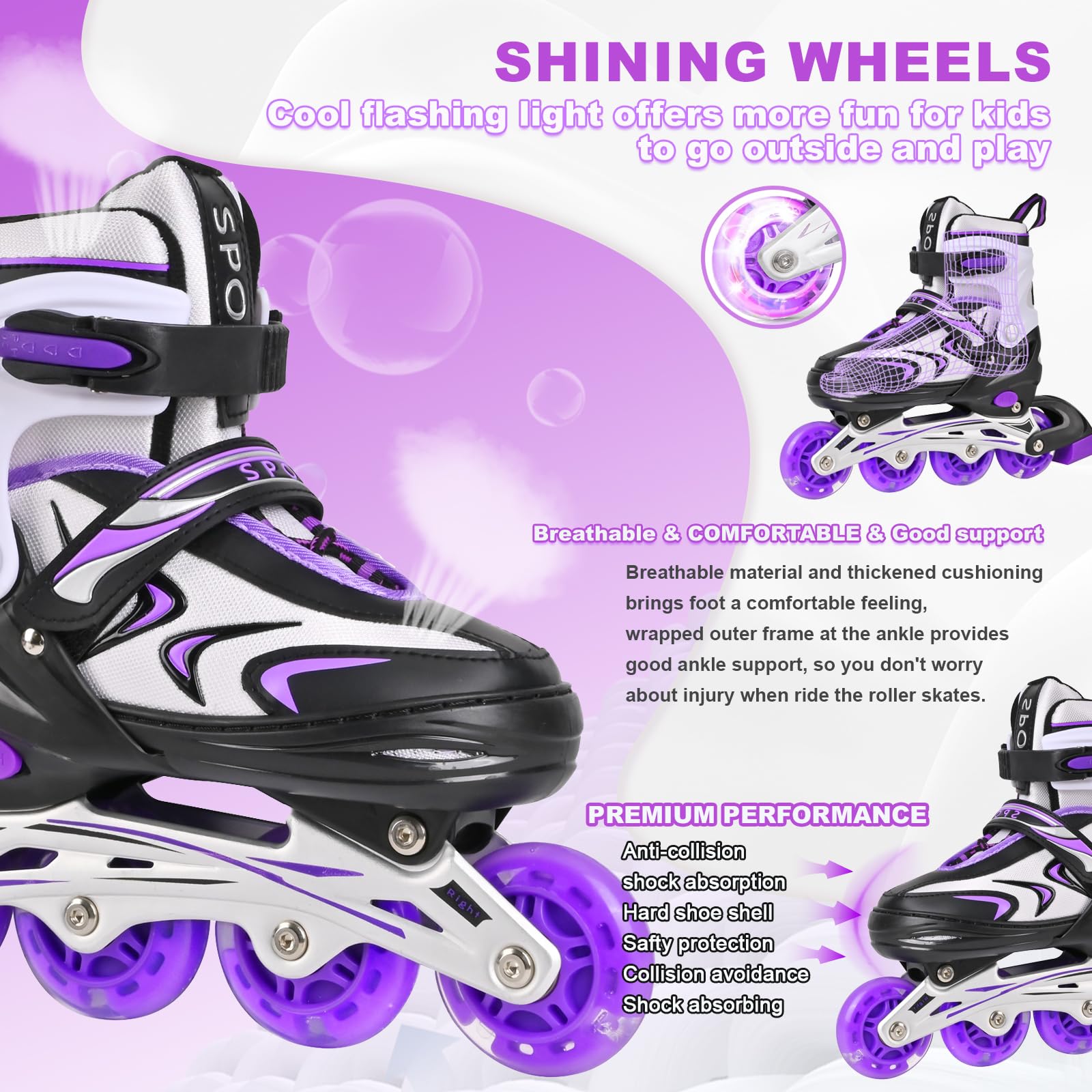 Pattini in linea regolabili per bambini e bambine, pattini a rotelle per bambini e bambine, pattini in linea per ragazze e ragazzi, bambini piccoli, giochi indoor e outdoor (Nero e viola, M)