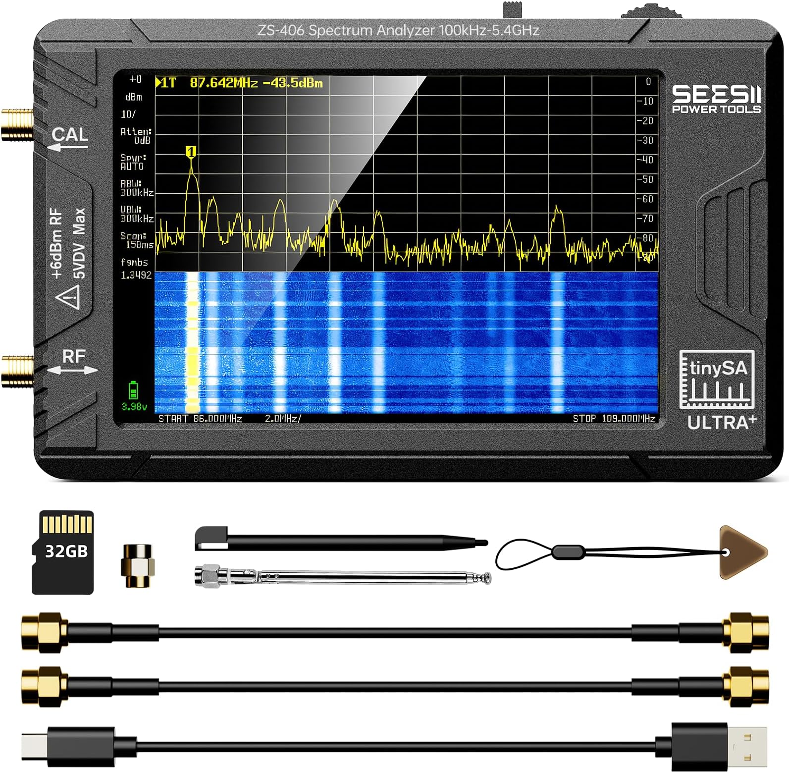 TinySA Ultra+ ZS406 Spectrum Analyzer, 4.0 Inch 100kHz to 5.4GHz Handheld Tiny Frequency Analyzer with 32Gb Card, 2-in-1 Signal Generator MF/HF/VHF UHF Input,V0.4.6.1,2025 Upgraded