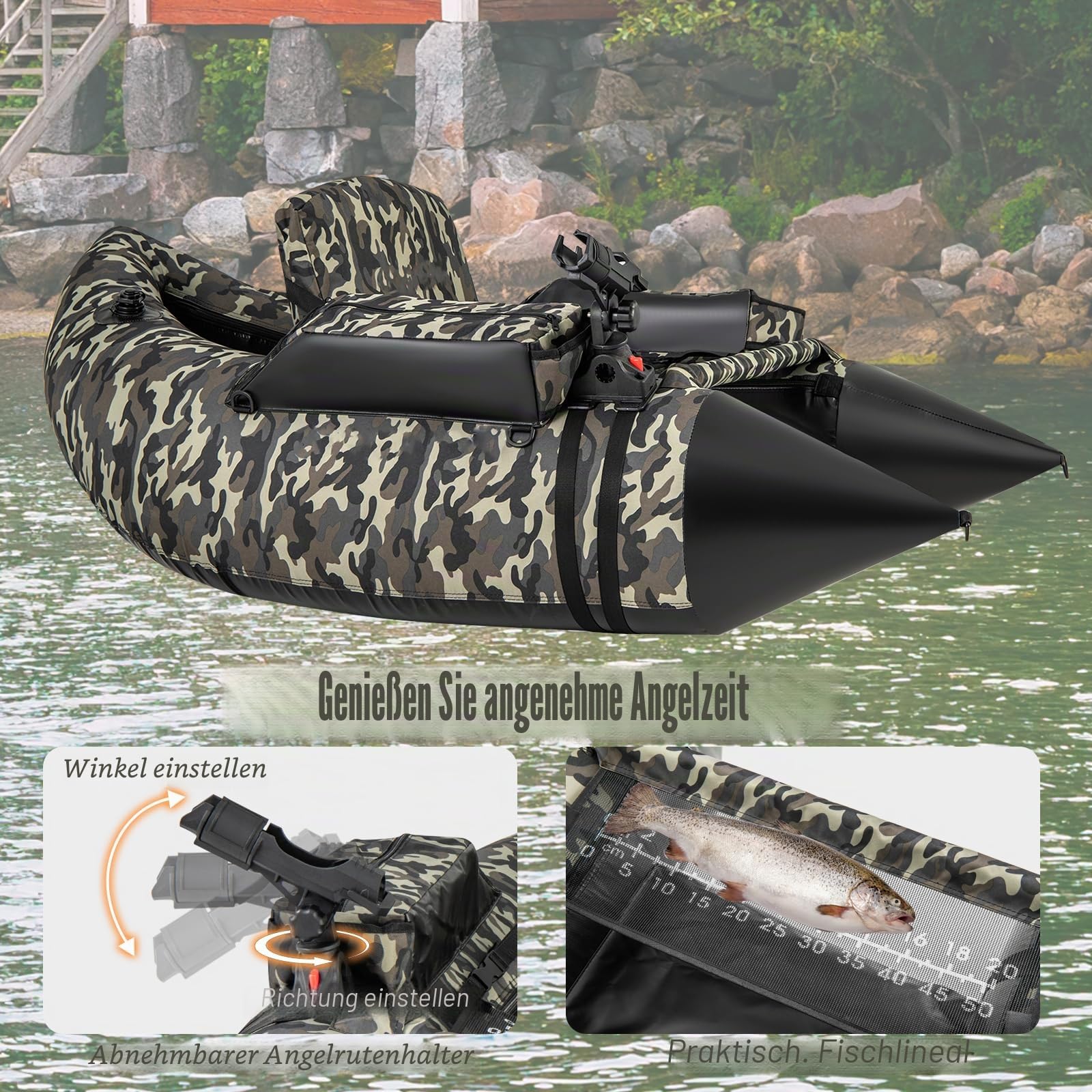 HOMASIS Aufblasbares Angelboot in V-Form, aufblasbares Schwimmerrohr mit Rutenhalter, Aufbewahrung von Ausrüstung, Angelboot mit Fliegen, Rudern und Pumpe für Angeln, 150 x 110 x 48 cm, Camouflage