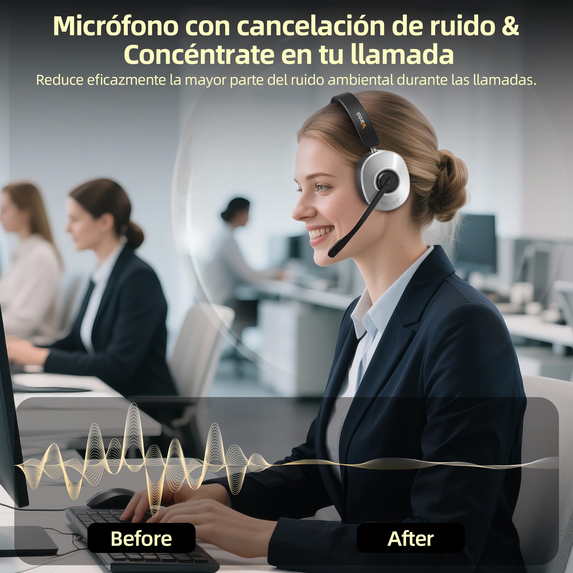 Wantek Auriculares inalámbricos Bluetooth con micrófono, estación de Carga, Dongle USB para PC Oficina Zoom Skype Laptop Centro de Llamadas