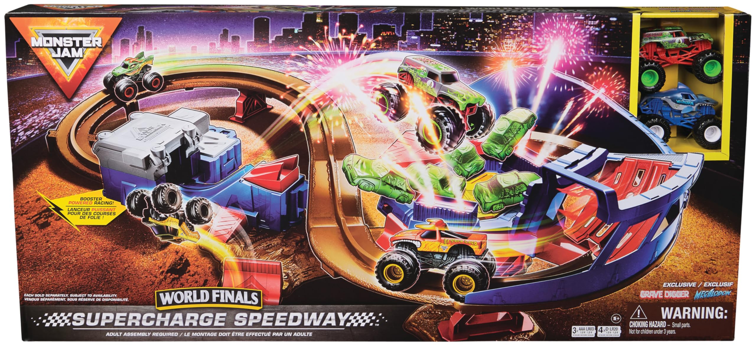 Monster Jam, Supercharge Speedway Spielset, mit den Trucks Megalodon und EL Toro Loco im Maßstab 1:64, actiongeladene motorisierte Stunt-Strecke mit Rampen, Beleuchtung und viel Zubehör, ab 3 Jahren | Maßstab 1:64, El Toro Loco und Megalodon, kompatibel m