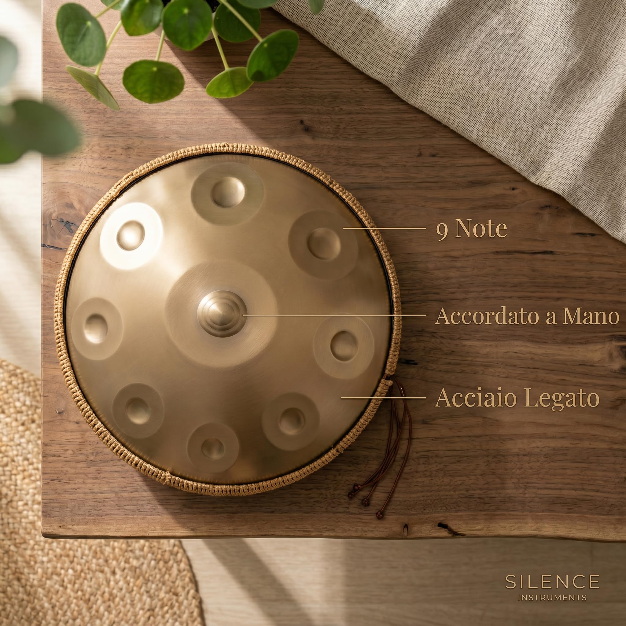 Handpan 22 Pollici 9 Note Re Kurd 440Hz Oro Tamburo a Mano per Meditazione Yoga Guarigione Sonora Acciaio Legato Include Borsa Supporto Bacchette Panno Adesivi Note