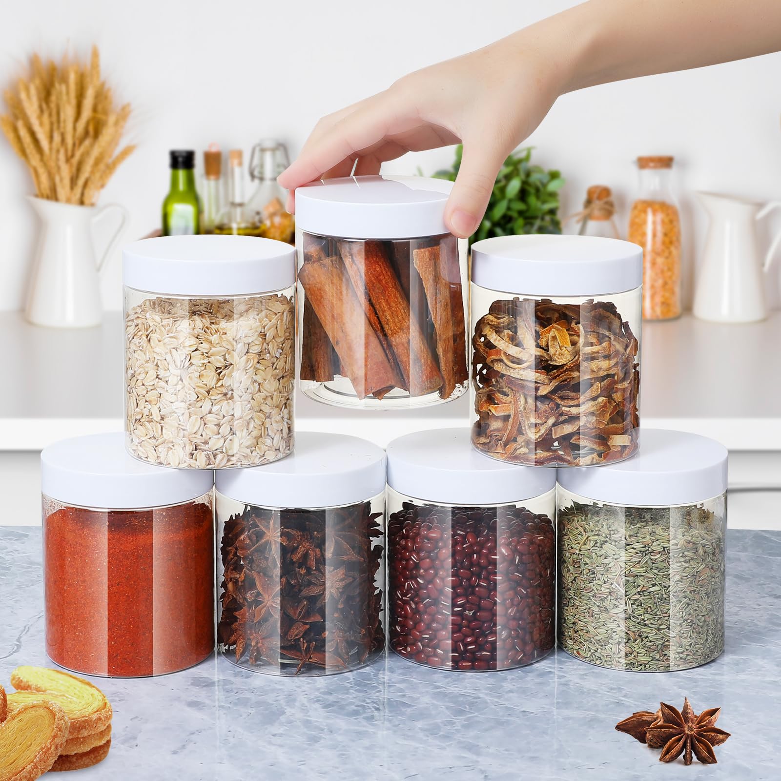 Tarros de plástico con tapas, recipiente hermético ideal para alimentos secos, mermelada de miel, mantequilla de maní, cosméticos, crema, baño y almacenamiento, incluye etiqueta adicional y un