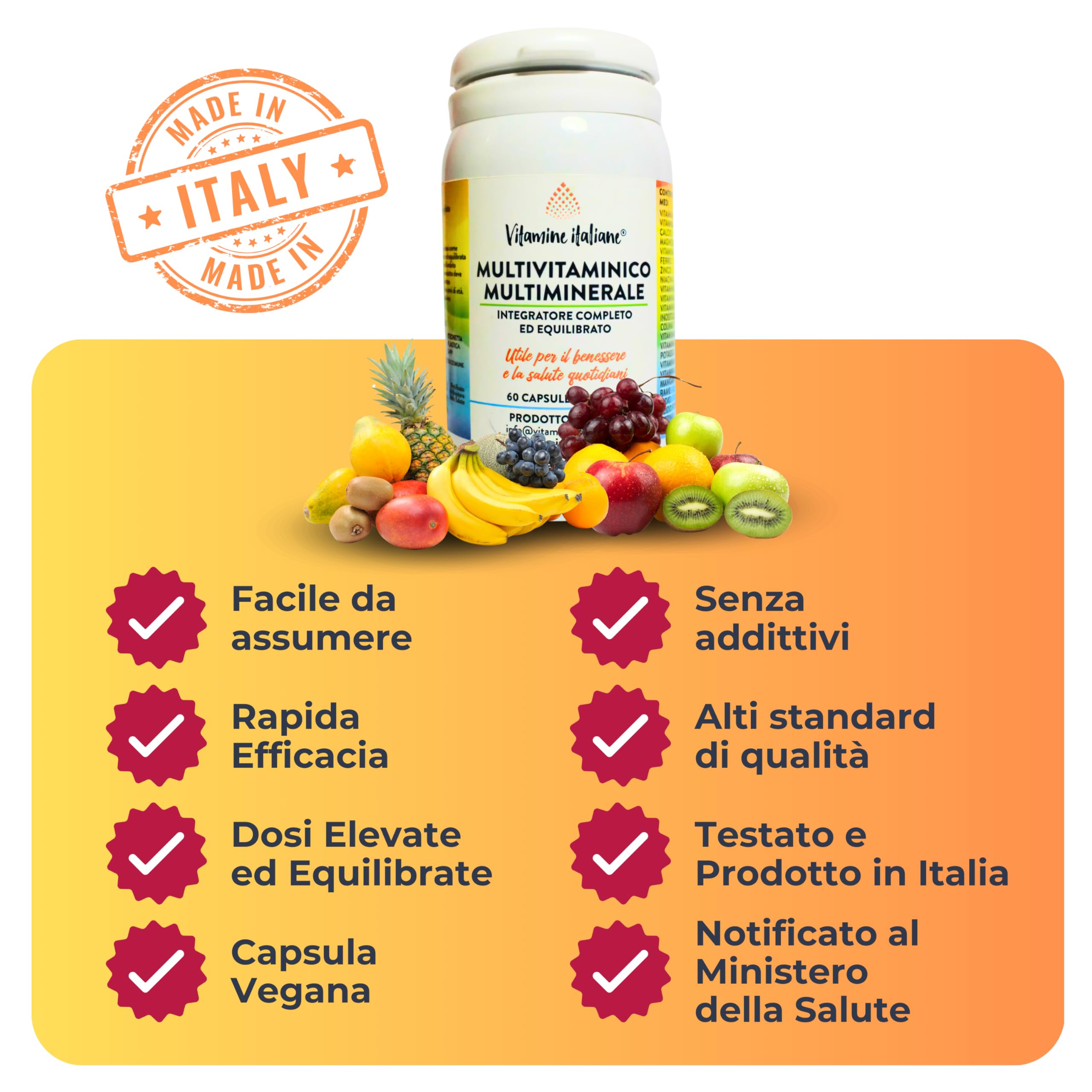 Vitamine Italiane® - Integratore Multivitaminico Completo - a base di Vitamine A, B, C, D, E, H, Zinco, Ferro, Potassio e Acido Folico - Senza Additivi - Made in Italy (60 Capsule (Confesione da 3))