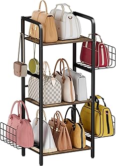 3-Tier Purse Organizer Rack, Iron & Wood Floor-Standing Bag Storage Holder with Adjustable Side Basket and Hook Handbag Organizers Display Stand Shelf for Closet, Bedroom, Entryway, Black