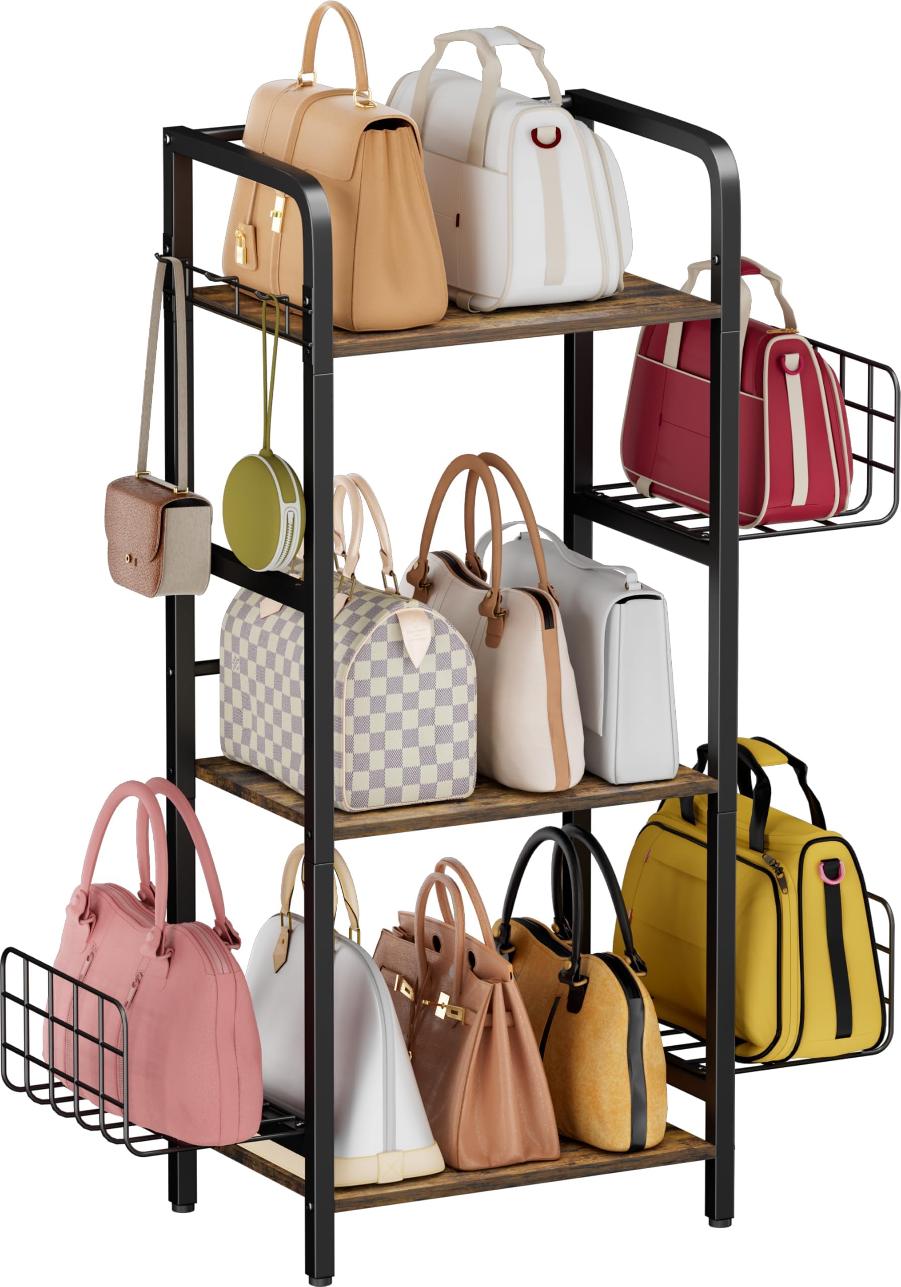 Tuohours 3-Tier Purse Organizer Rack, Iron & Wood Floor-Standing Bag Storage Holder with Adjustable Side Basket and Hook Handbag Organizers Display Stand Shelf for Closet, Bedroom, Entryway, Black