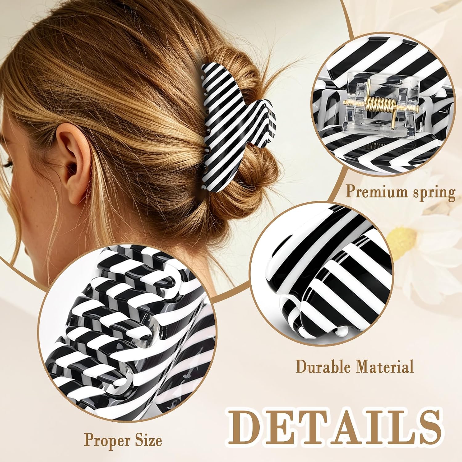 Black and White Striped Hair Claw Clip for Women, 4 Inch Medium Non-slip Strong Hold Hair clip for Thick or Thin Hair, Elegant French Style Hair Accessories for Updo Bun Half Up Styles - Black image 3