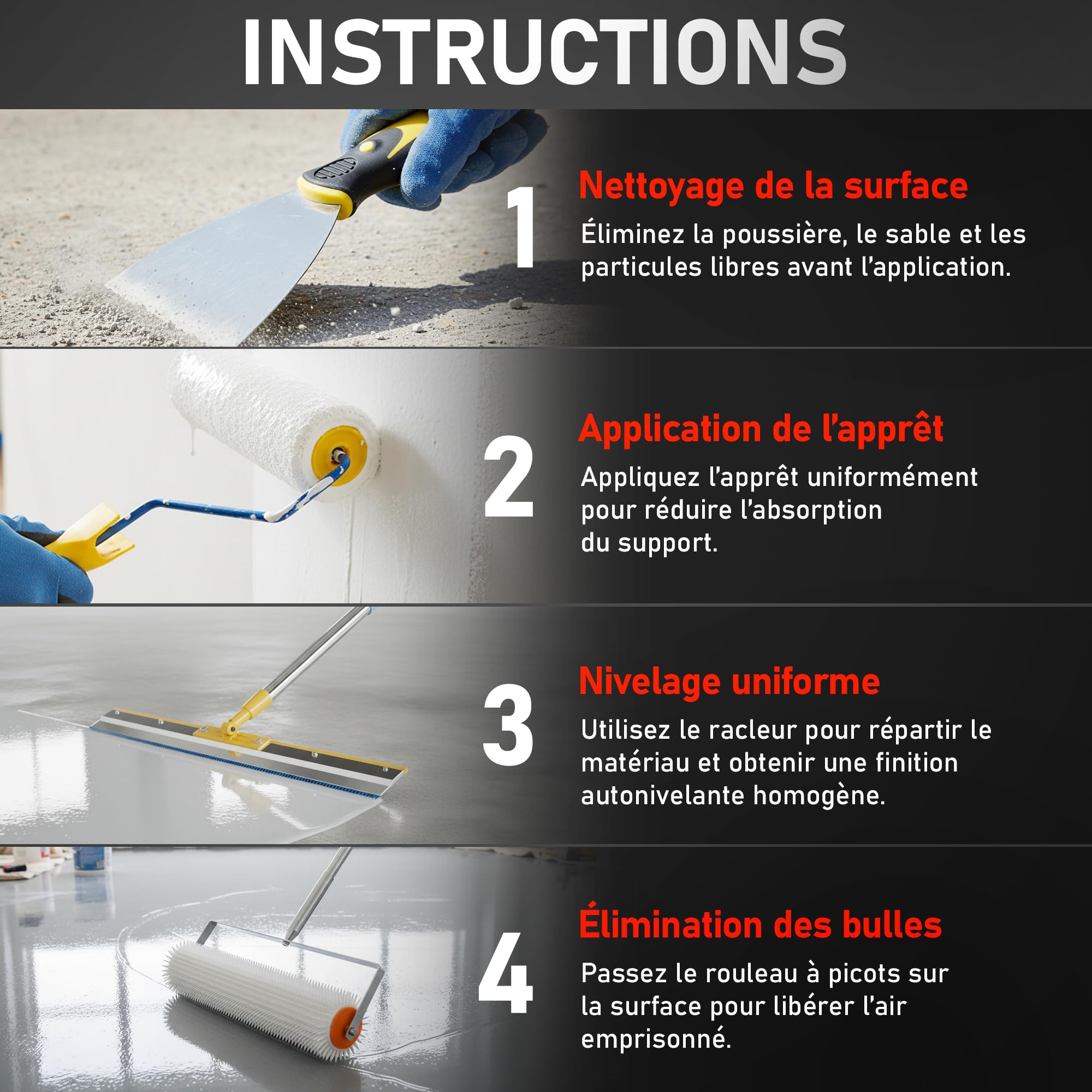 Kit Outils de Ciment Autonivelant | Comprend Rouleau Debulleur Ragreage 50cm, Râteau Autonivelant, Chaussure a Pointe Ragreage, Perche Télescopique, Rouleaux, Spatule et Gants