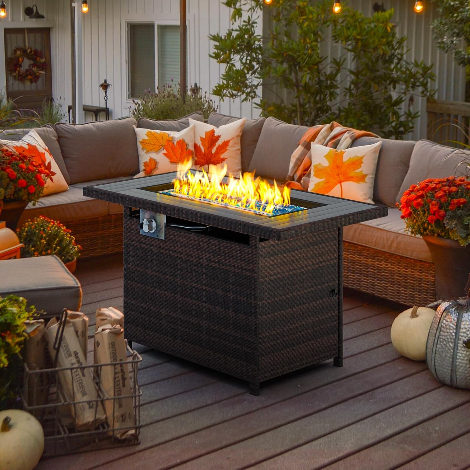 Propane Fire Pit Table 44 Inch Outdoor Gas Firepit Table with Storage Rectangular 60000 BTU Fire Table with Oxford Cover for Outdoor Patio Deck, Brown Wicker (Brown)