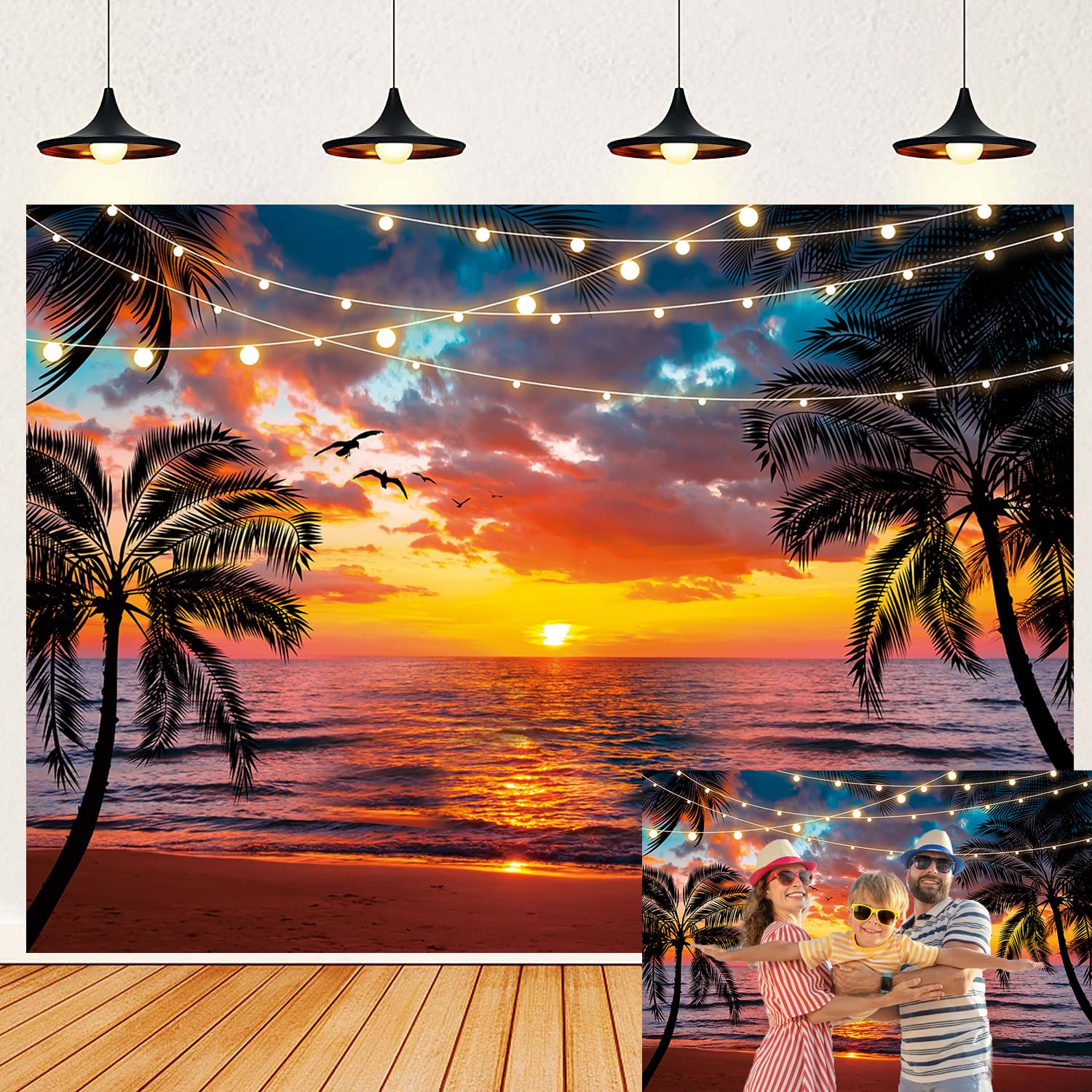 Sunset Beach Backdrop Seaside Palm Tree Photography Background Summer Tropical Hawaii Scenery Banner for Aloha Luau Wedding Holiday Birthday Party
