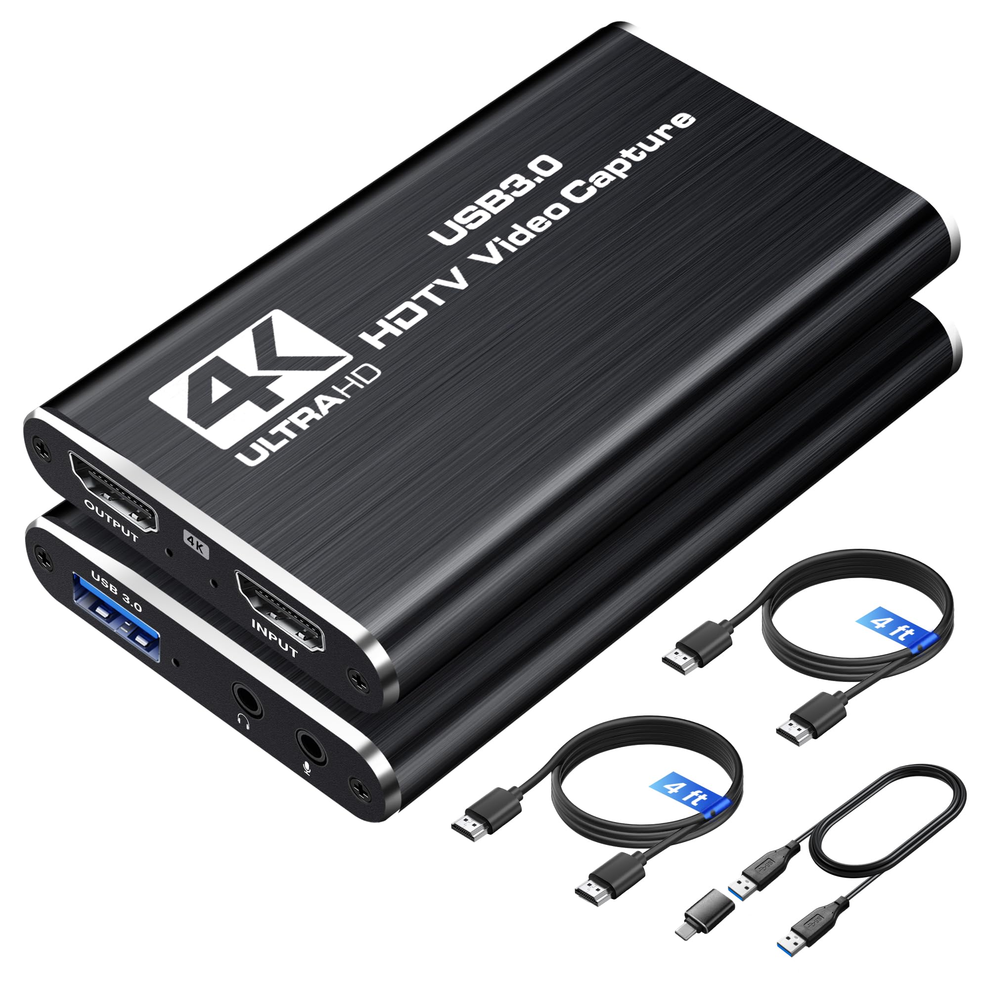4K HDMI Capture Card for Streaming, 1080P 60FPS USB 3.0/Type-C Game Video Capture Card with 4K HDMI Loop-Out, Includes 2 HDMI Cables & USB Cable, Works for PS5/PS4/Switch/Xbox/PC/Camera/OBS (Black)