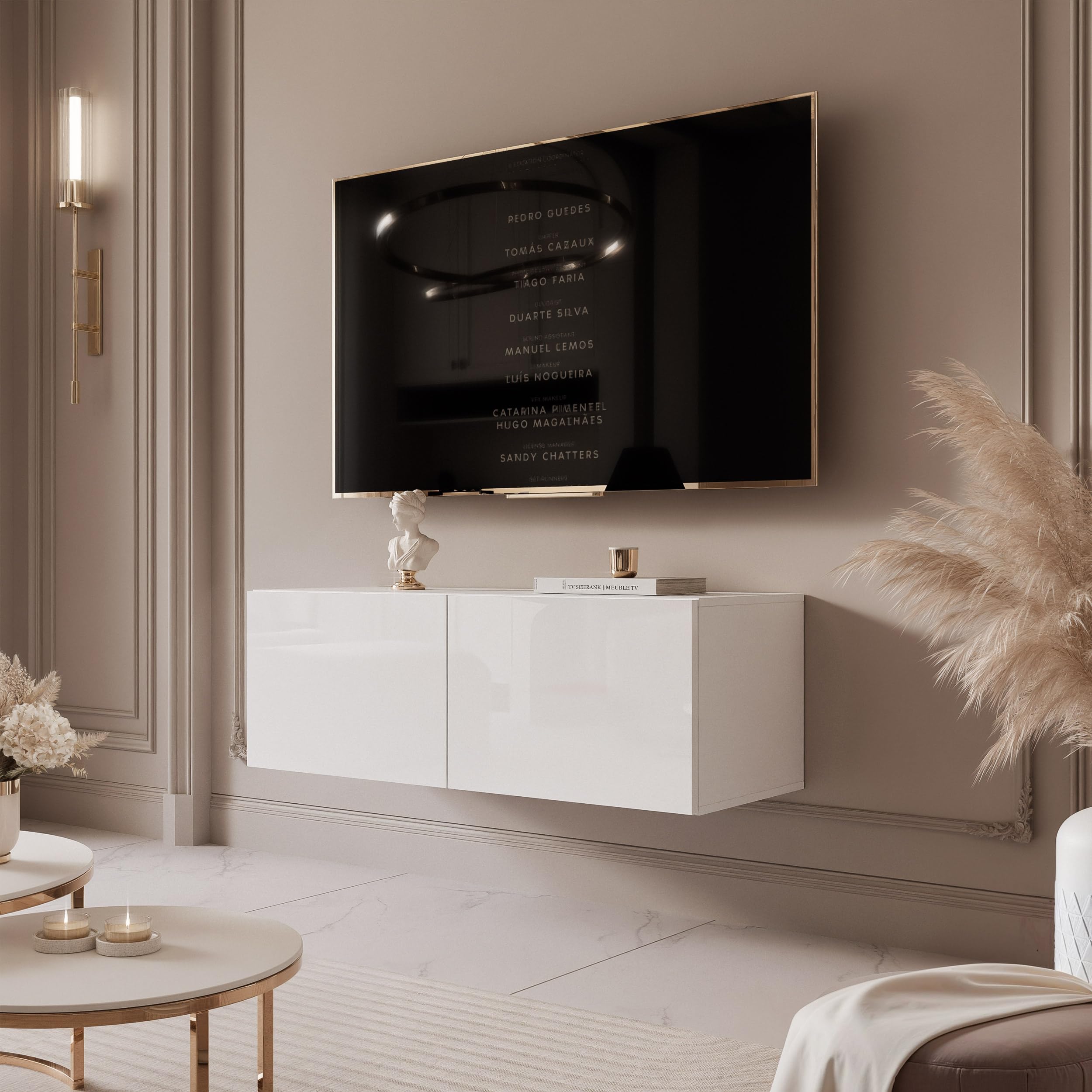 100 cm TV Lowboard Weiß Hochglanz 100cm mit 2 Praktischen Großen Fächern und LED Beleuchtung - TV Board Hängend Passend Für Stilvolle Wohnräume