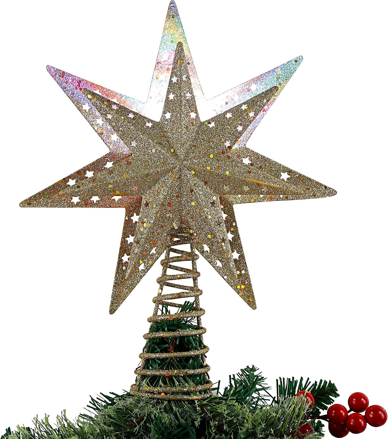 Juegoal Lighted Christmas Tree Topper, with Built-in Rotating Magic Ball LED Treetop Projector, 3D Glitter Golden Christmas Tree Star, Holiday Christmas Tree Home Wonderland Winter Decorations