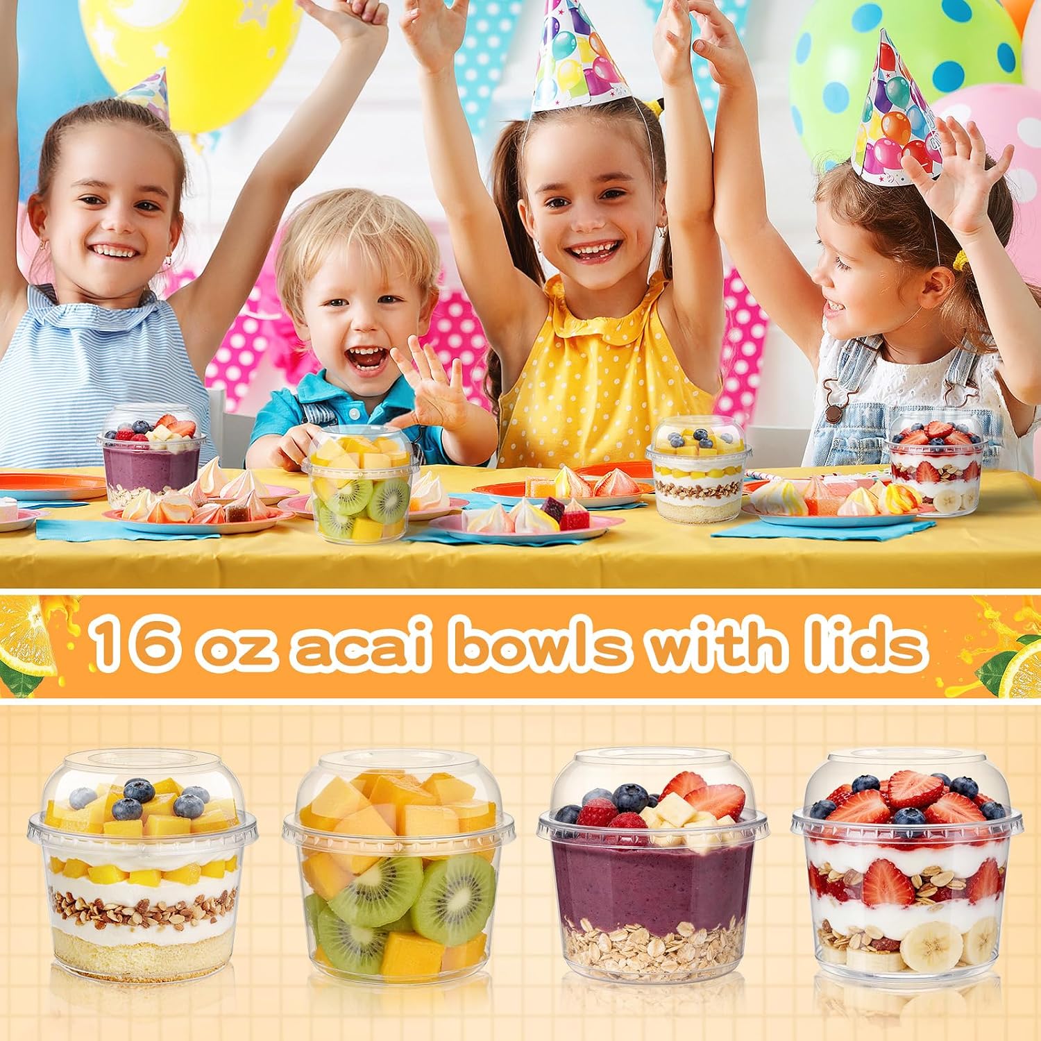 50 Pack 16 oz Dessert Cups with Lids, Clear Acai Bowls with Dome Lids