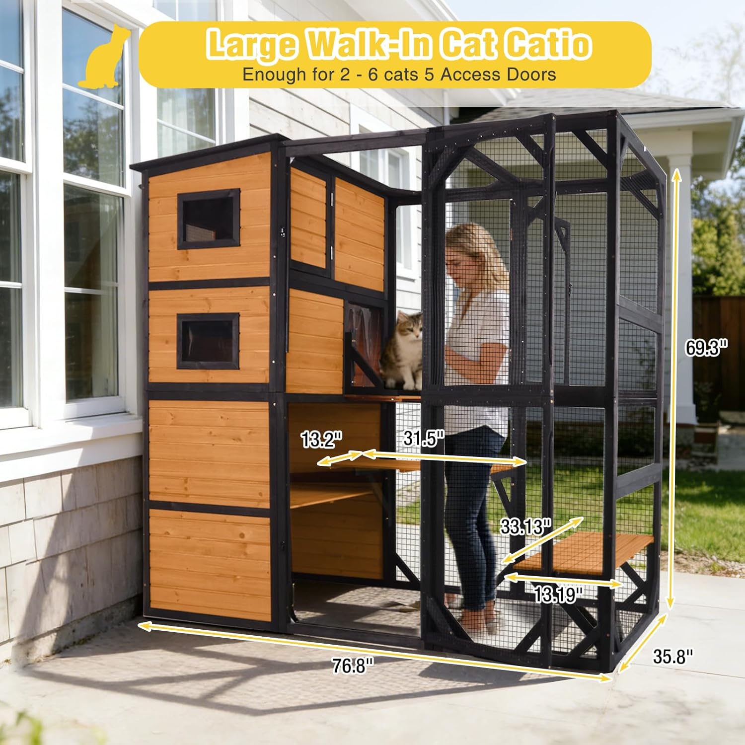 Aivituvin Large Catio Cat Enclosure Window for Outdoor Cats, Weatherproof Cat House with Roof, Resting Platforms & Windows, Indestructible Feral Cat Shelter for Backyard - Black and Brown