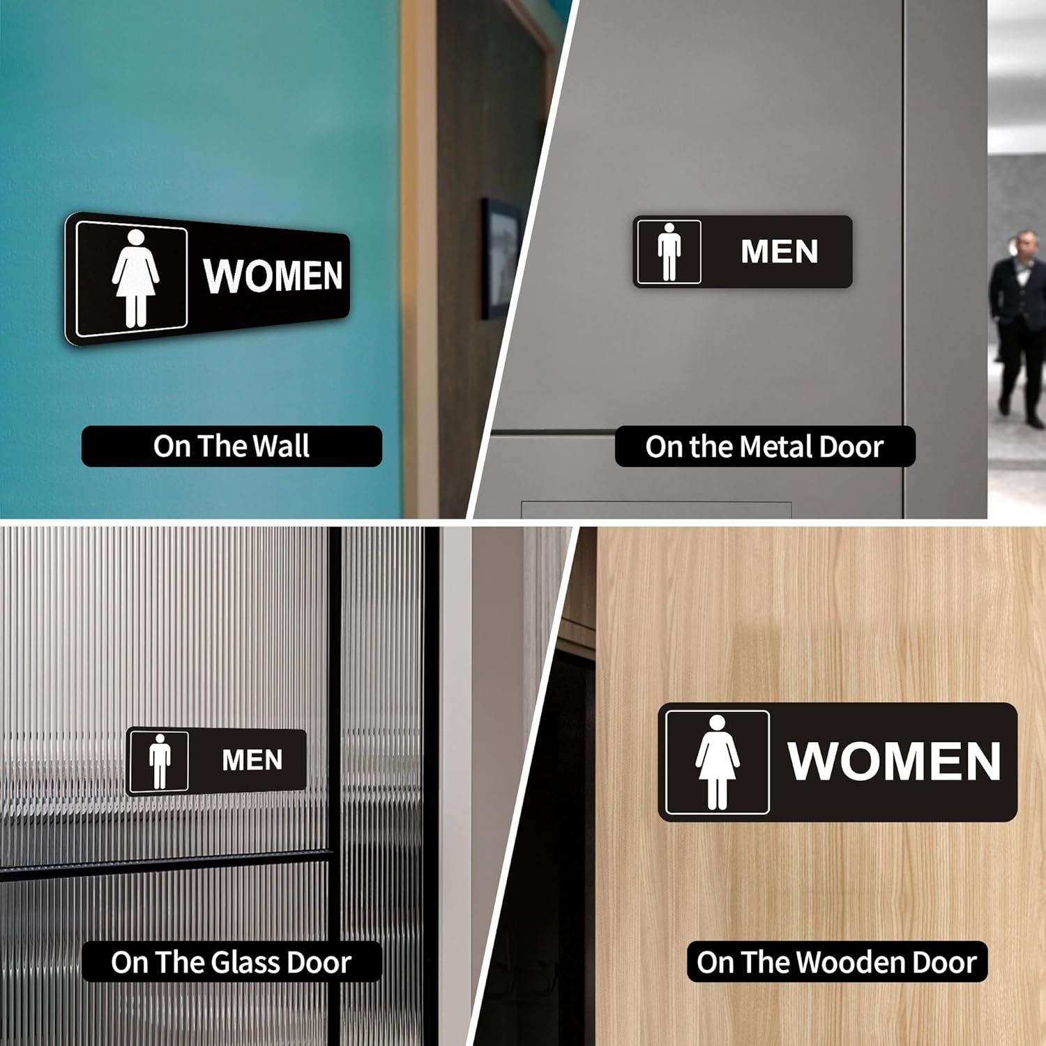 Restroom Sign - (2 Pack ) Metal Restroom Signs for Business with Strong Self-Adhesive, Bathroom Signs for Home Door or Wall, Ideal Unisex Restroom Signs for Women and Men, Easy to Install (Black Women and Men 9" x 3") - Image 3