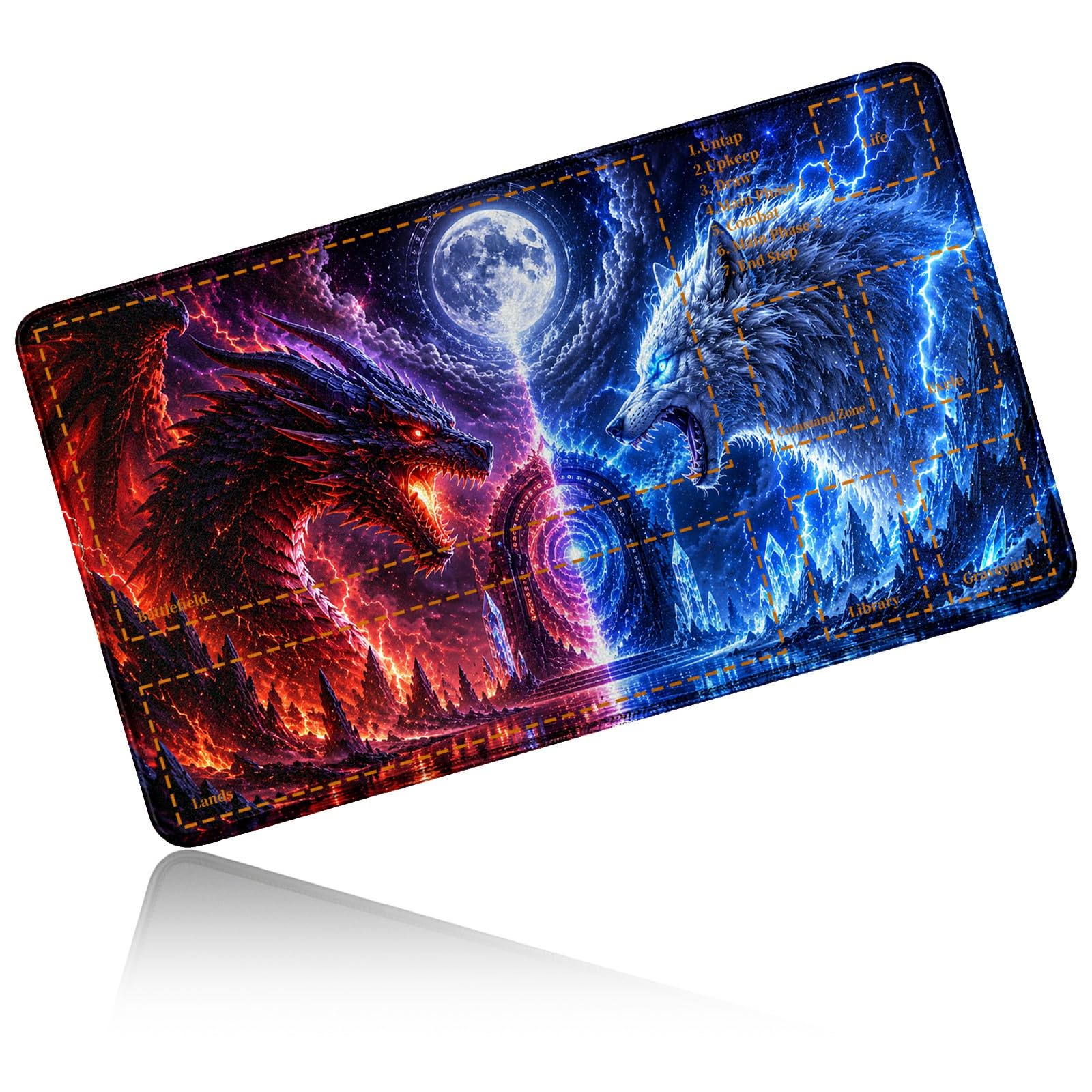 Dikoer for MTG/TCG Playmat w/Zones Commander Deck Gaming Mat, Dragon Wolf