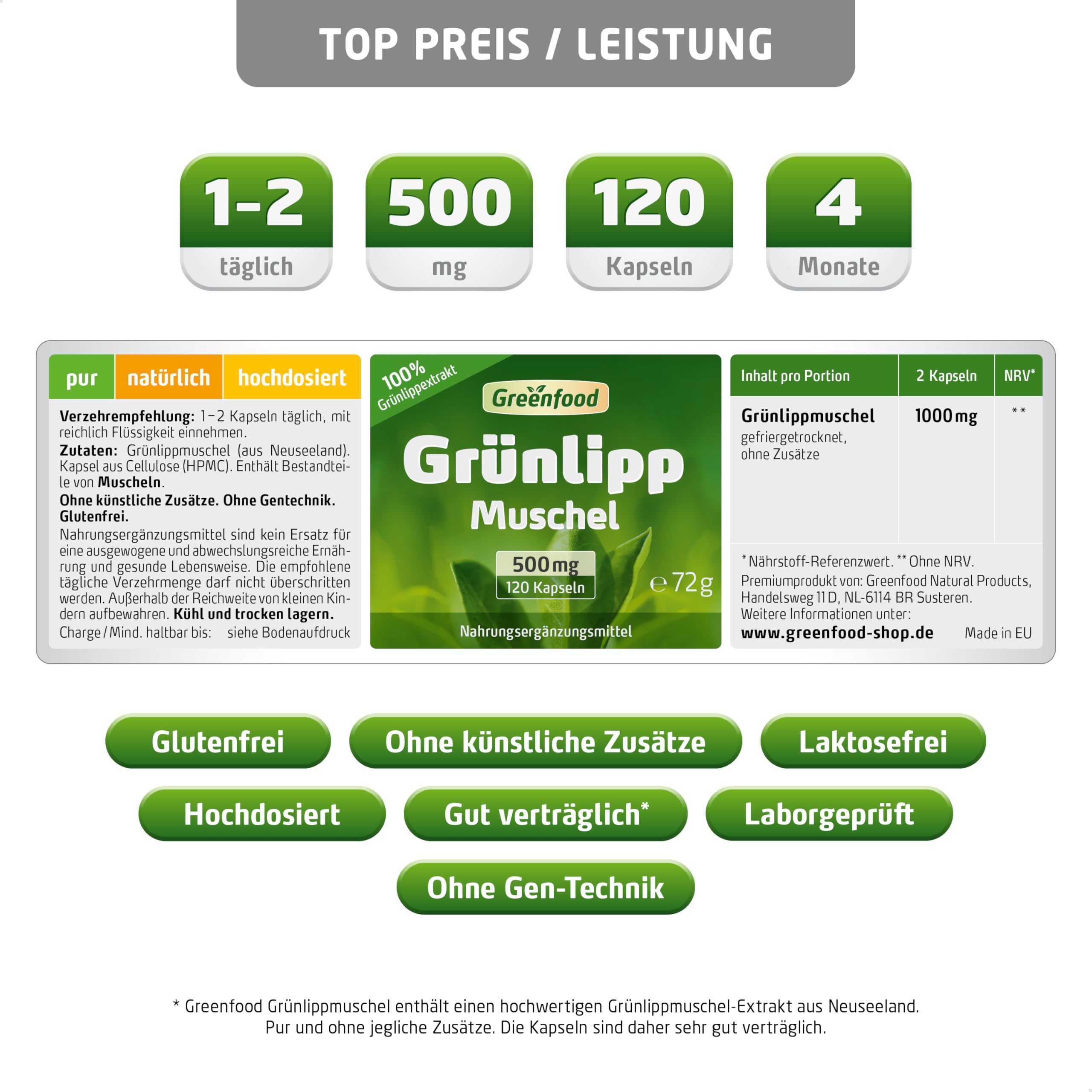 Grünlippmuschel, hochdosiert, 500 mg - 120 Kapseln. Reiner Grünlippmuschel-Extrakt. OHNE künstliche Zusätze, laborgeprüft. Von Greenfood.