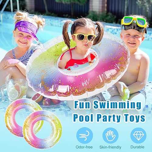 Miniatura 4 de Whaline 4 flotadores inflables para piscina, juguetes de natación, tubos de natación, anillos de arco iris con purpurina, tubo de piscina para niños