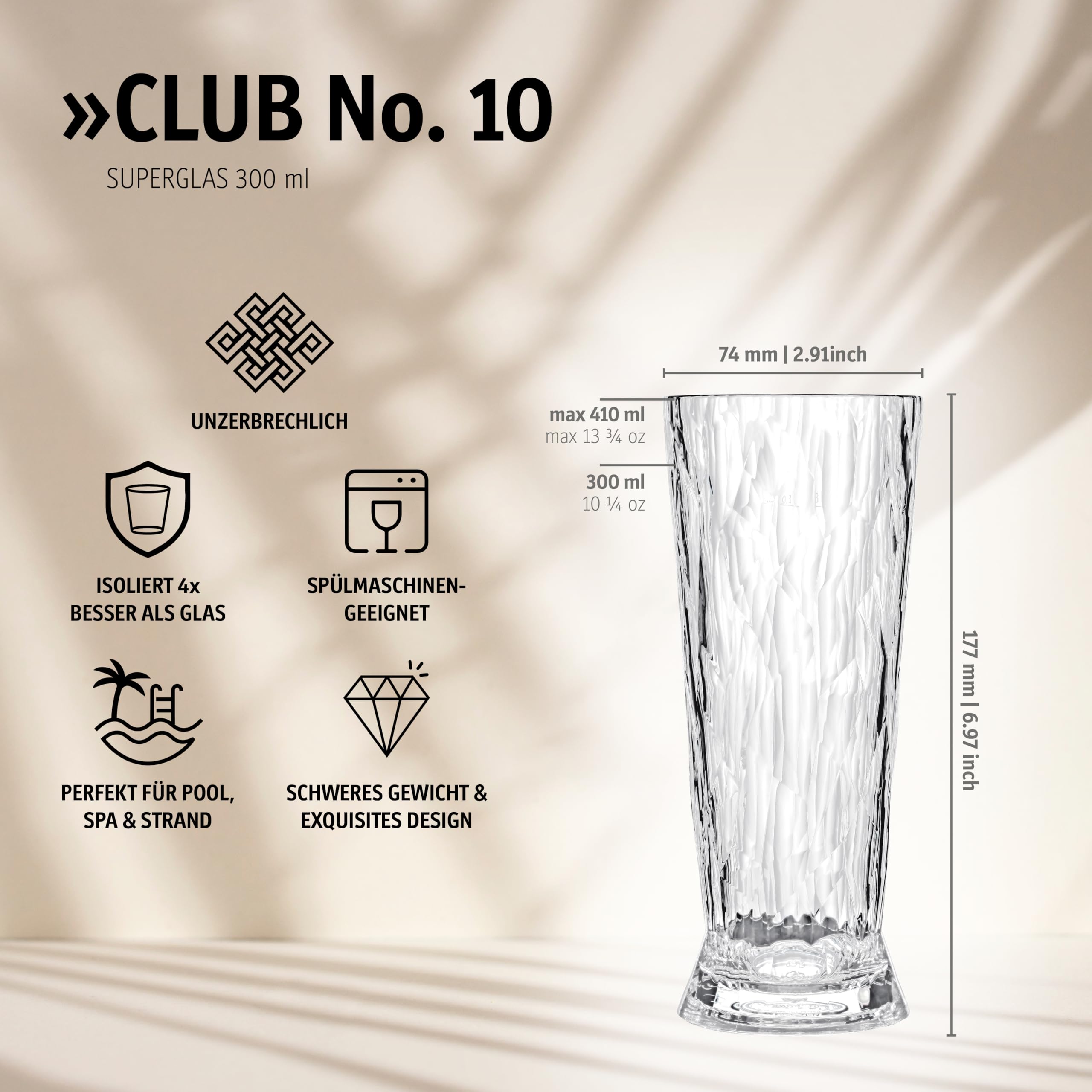 Koziol Superglas Club No. 10, 2 pezzi, 300 ml, bicchiere da birra in plastica cristallina, lussuoso, infrangibile, riutilizzabile, festa, campeggio, set da 2
