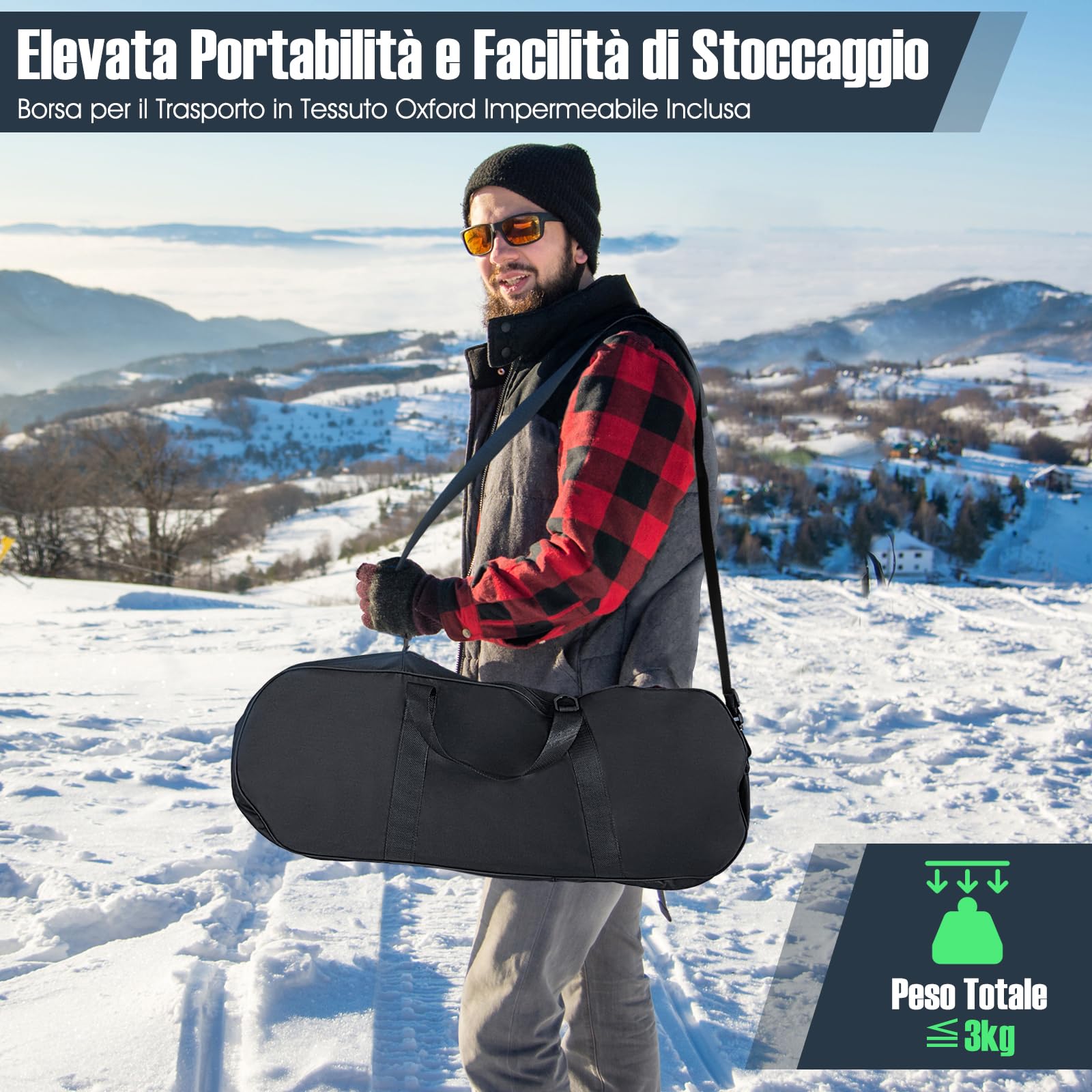 COSTWAY Ciaspole da Neve 4 in 1 per Uomini, Donne e Ragazzi per Scarpe 35-45 in Alluminio con Sistema di Perno Flessibile Doppio, Bastoncini Regolabili e Borsa, Adatte per 30-130 kg