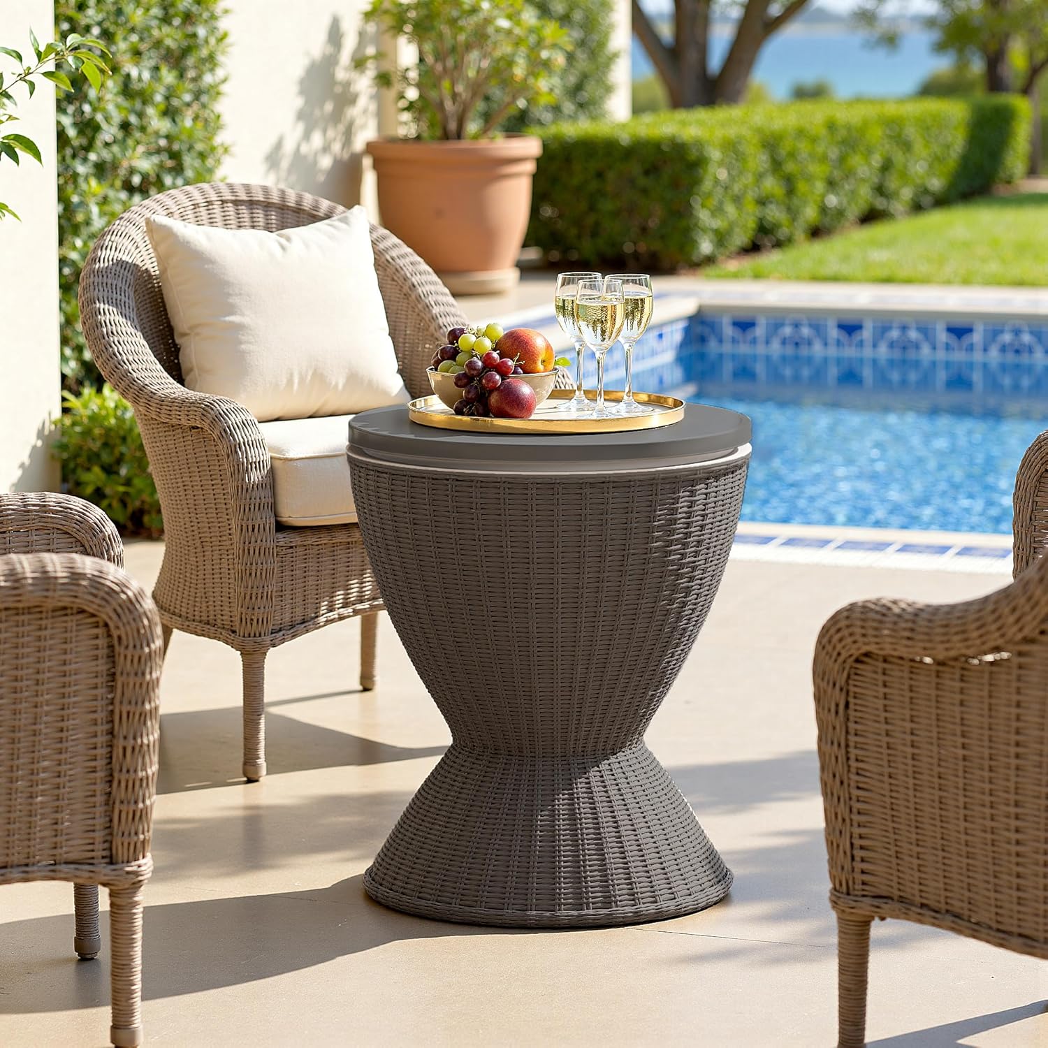 ROJIK 3-in-1 Resin Ice Bucket & Beverage Cooler – Wood Look Patio Table, UV Protection & Drain Plug for Outdoor Parties, Bars, and Poolside Use