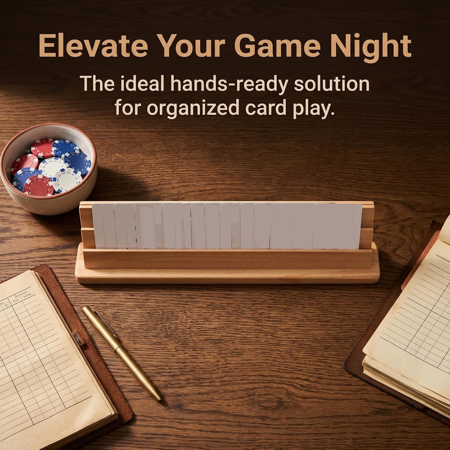 Wooden Playing Cards Holder for Adults and Space-Saving Card Rack Tray Natural Wood Grain Finish Stand for Group Game Evenings and Poker Games