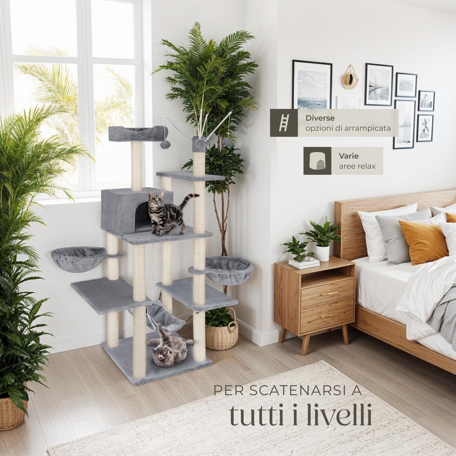 tectake® Albero Tiragraffi per Gatti con Colonne in Sisal, Tiragraffi Gatto con Cuccette e Comoda Casetta, Tiragraffi con Piattaforma Panoramica, Rivestimento in Morbido Peluche - Grigio